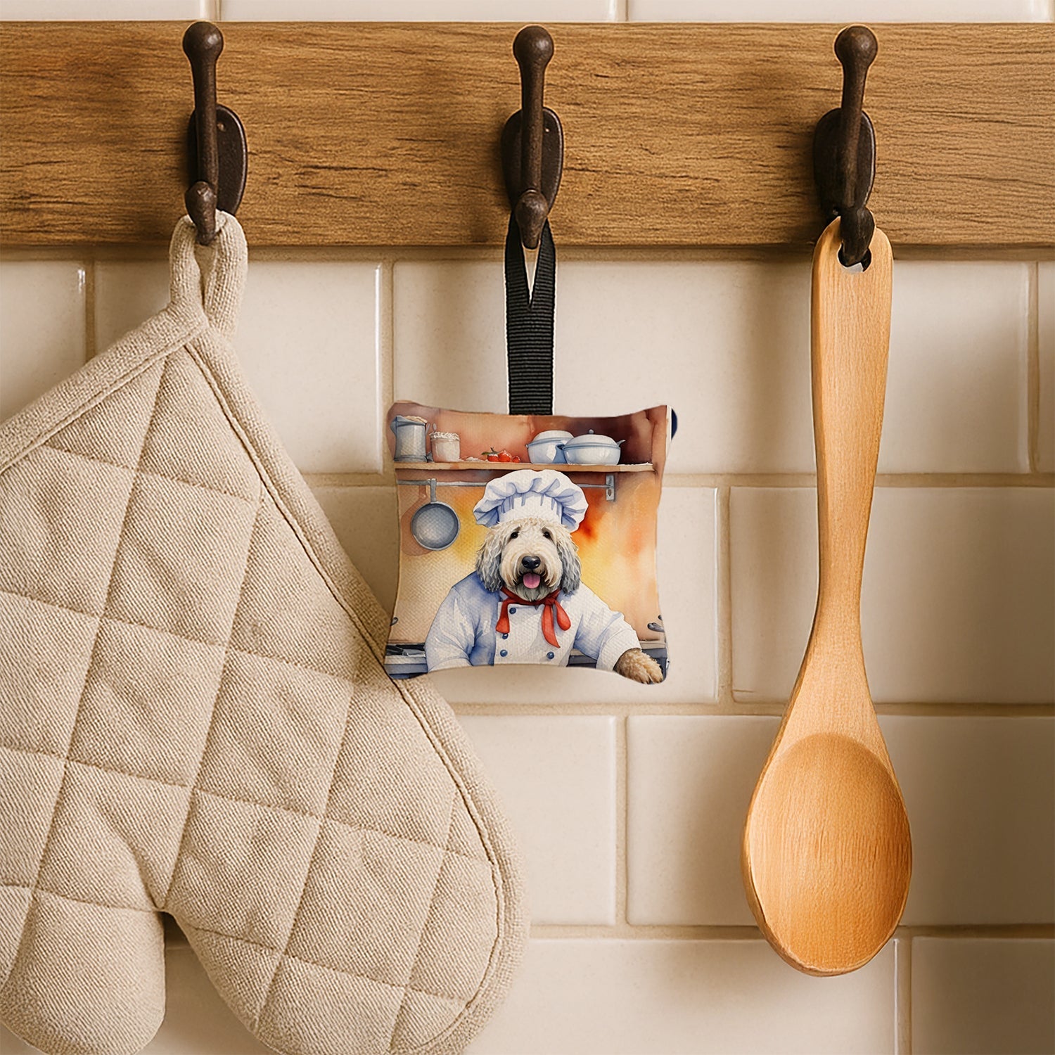 Komondor The Chef Hanging Square Fabric Ornament 3.5 × 3.5 Decorative Door-Knob & Tree Hanger, Soft Fabric