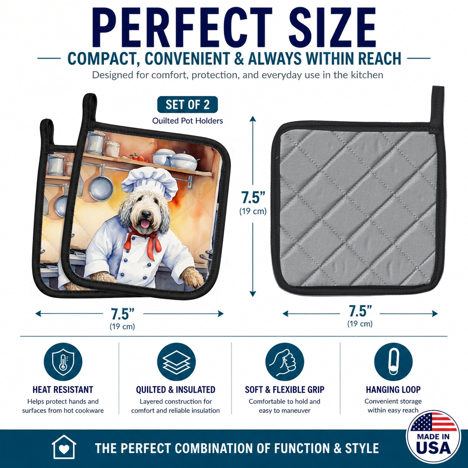 Komondor The Chef Pot Holder Set of 2 Heat Resistant Quilted Hot Pads 7.5 x 7.5 Inch, Insulated Kitchen Trivets for Cooking & Baking