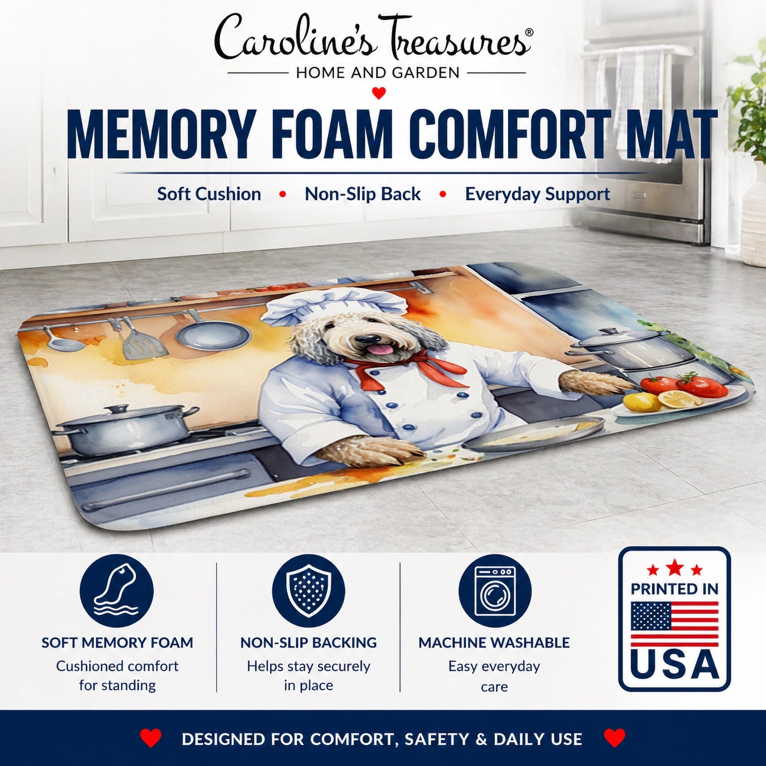 Komondor The Chef Memory Foam Kitchen Mat Machine Washable Anti-Fatigue Cushion Comfort Bath or Kitchen Rug