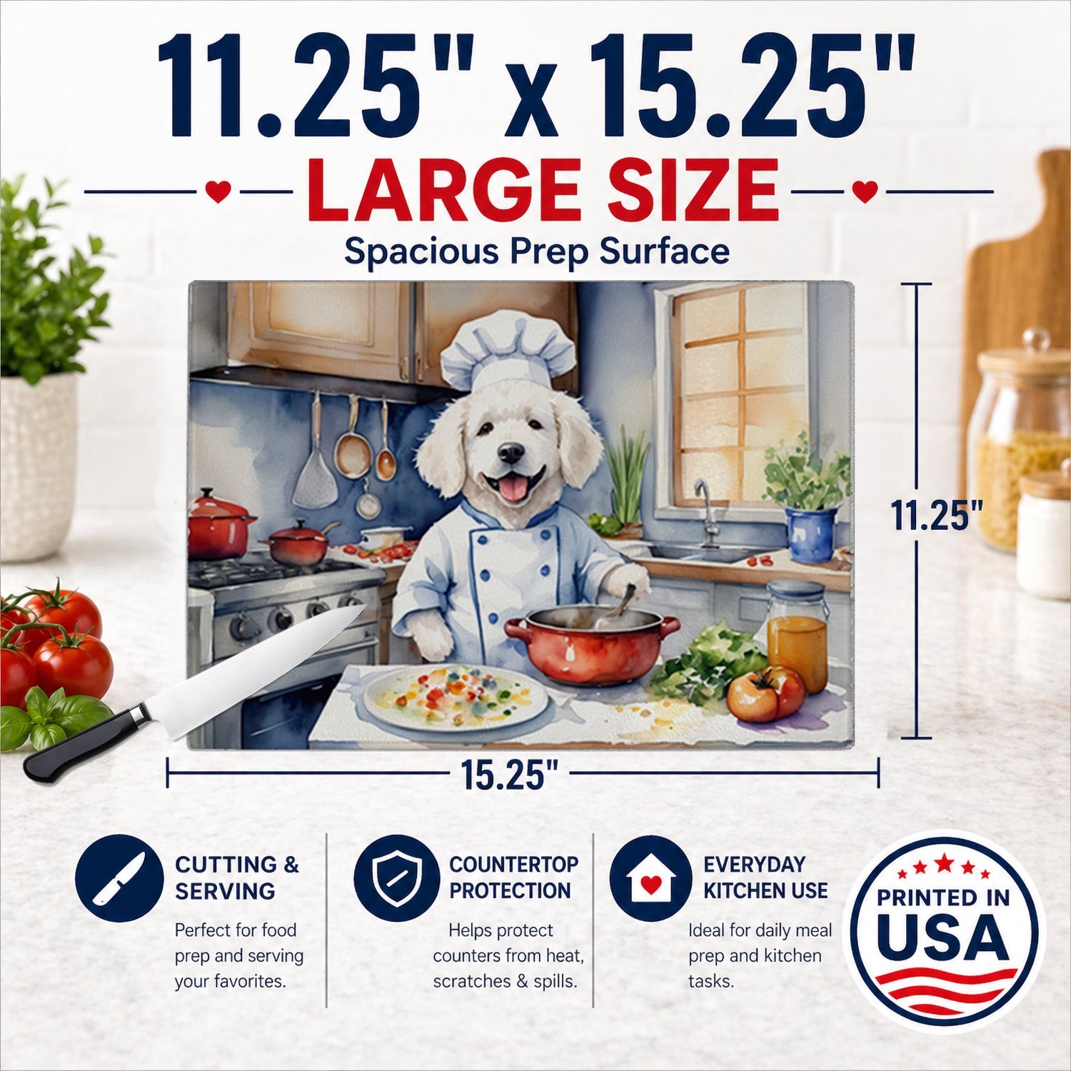 Kuvasz The Chef Cutting Board Tempered Glass Kitchen Cutting Surface, Heat Resistant Chopping, Non-Slip Feet, Food Prep & Serving