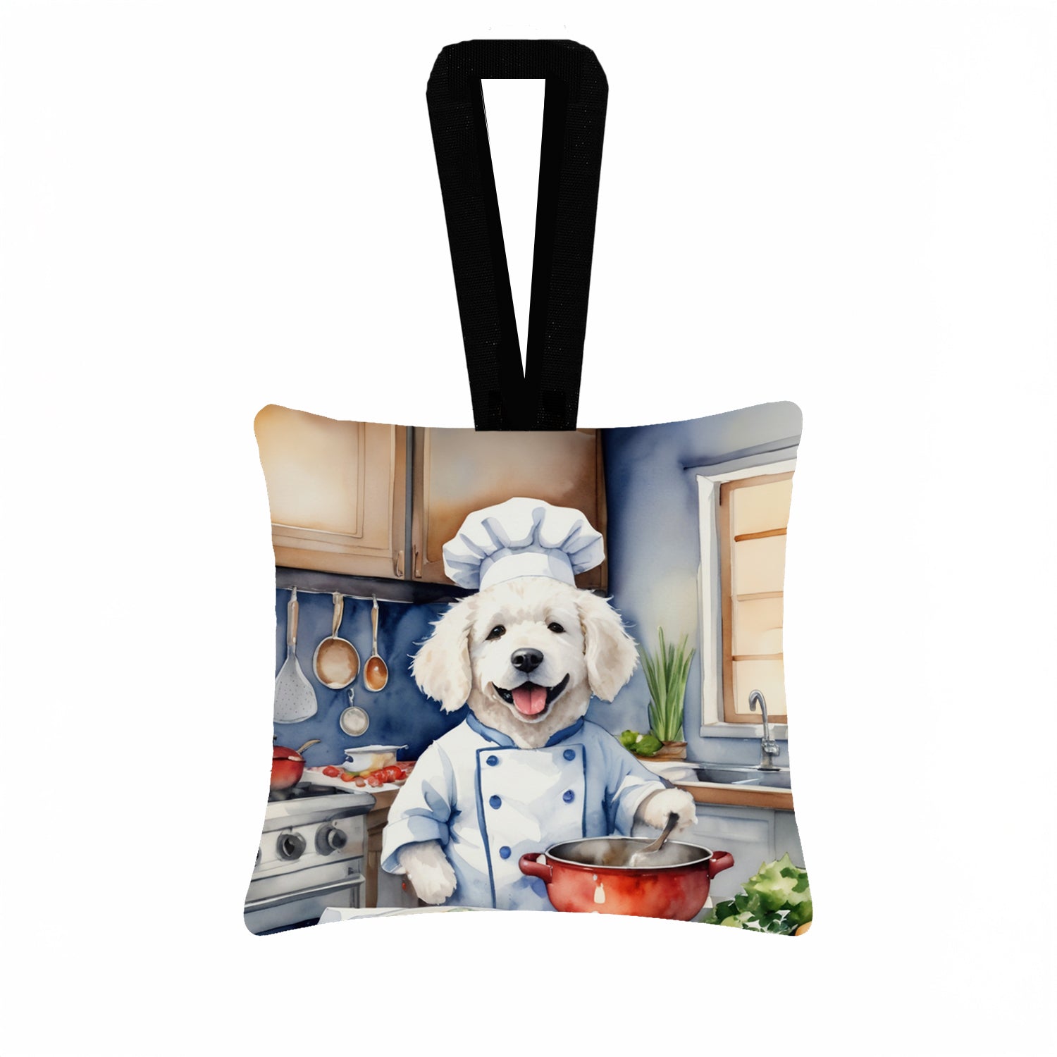 Kuvasz The Chef Hanging Square Fabric Ornament 3.5 × 3.5 Decorative Door-Knob & Tree Hanger, Soft Fabric