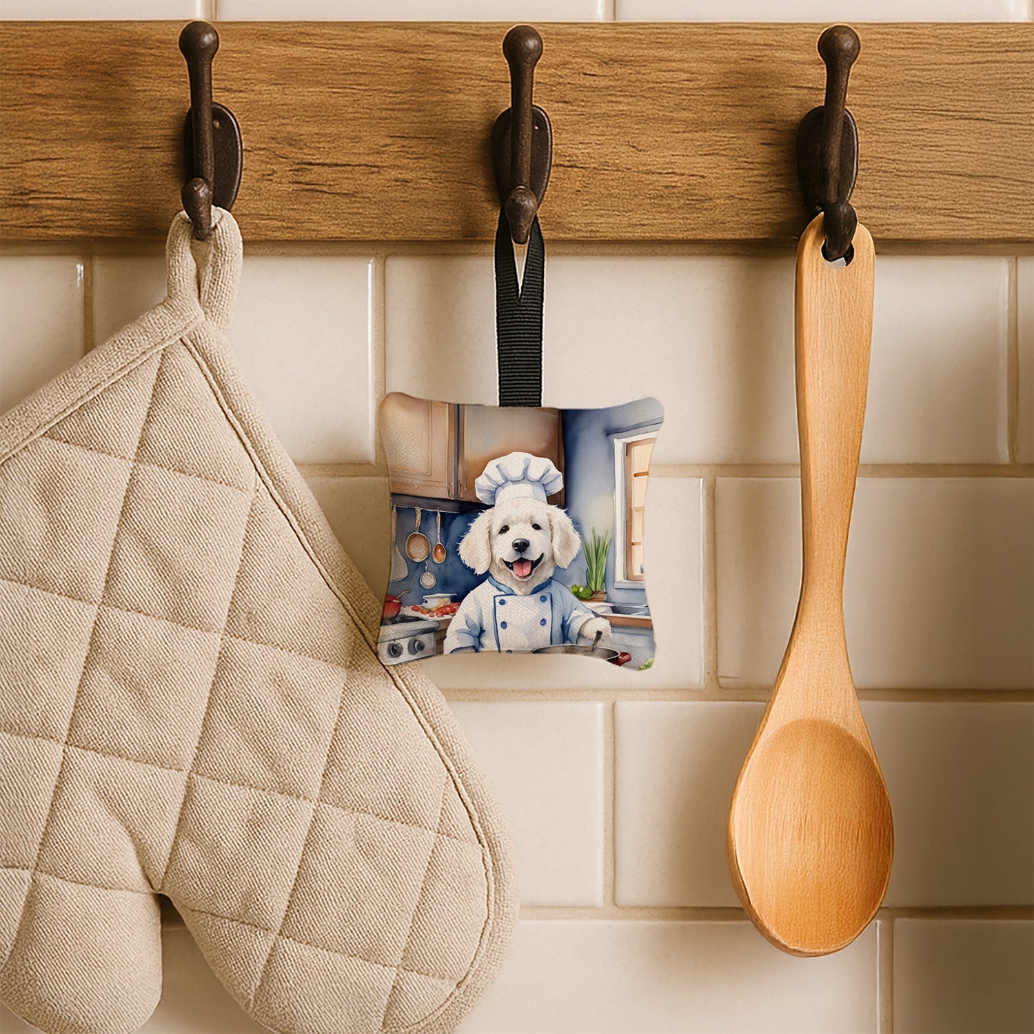 Kuvasz The Chef Hanging Square Fabric Ornament 3.5 × 3.5 Decorative Door-Knob & Tree Hanger, Soft Fabric