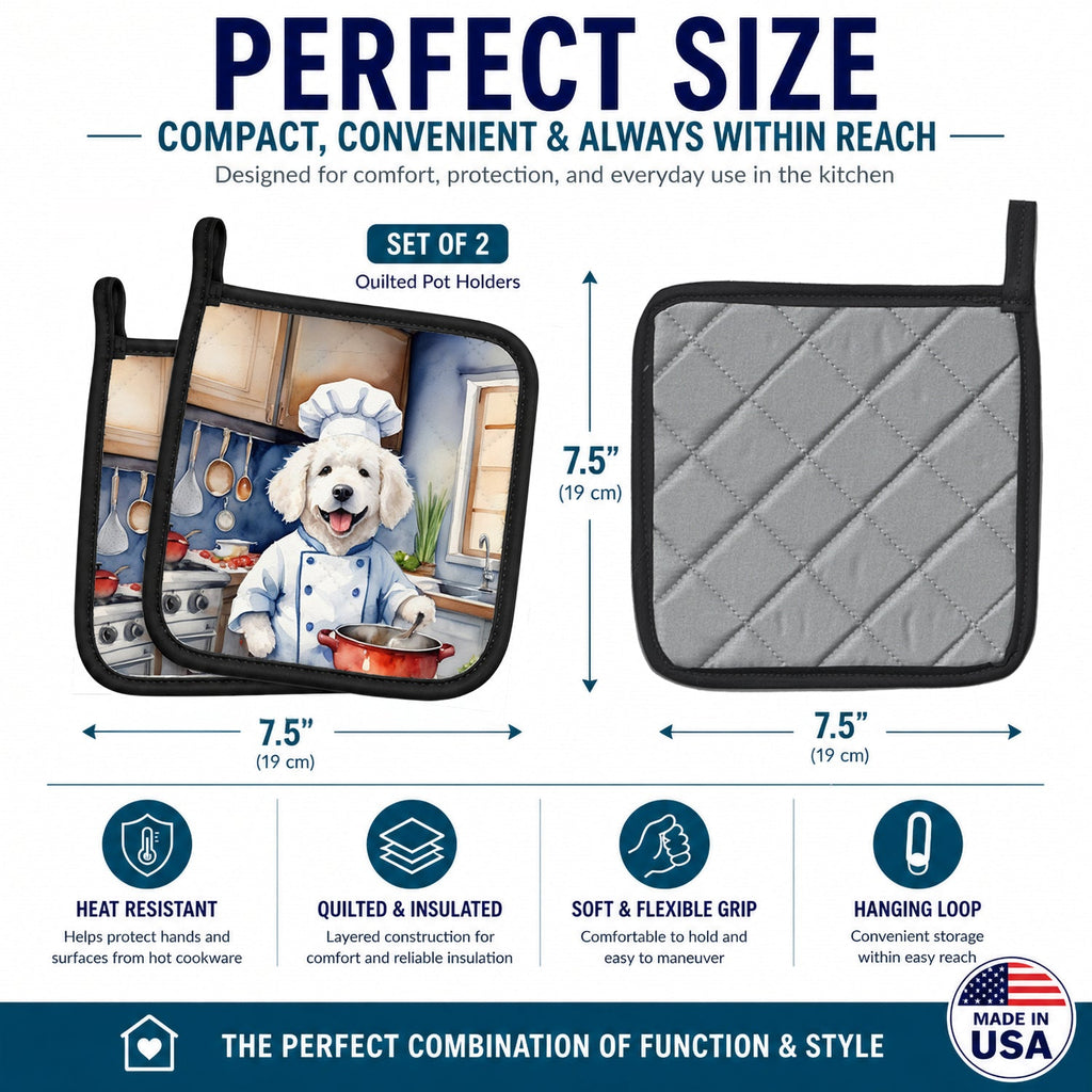 Kuvasz The Chef Pot Holder Set of 2 Heat Resistant Quilted Hot Pads 7.5 x 7.5 Inch, Insulated Kitchen Trivets for Cooking & Baking