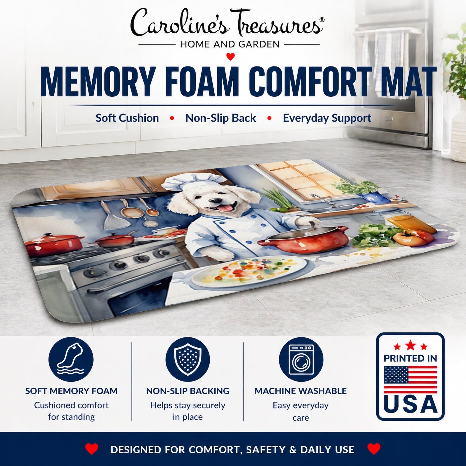 Kuvasz The Chef Memory Foam Kitchen Mat Machine Washable Anti-Fatigue Cushion Comfort Bath or Kitchen Rug