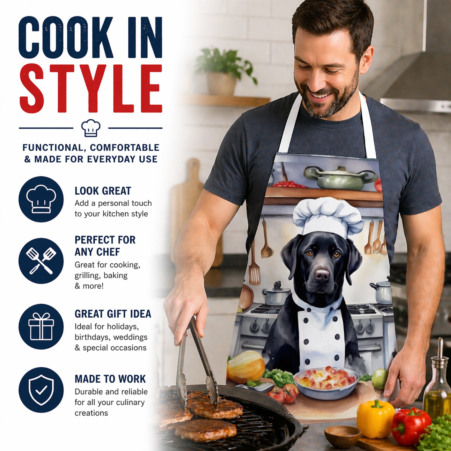 Black Labrador Retriever The Chef Apron Cooking Kitchen Server Baking Crafts Gardening for Adult Women Men, Unisex, Large, Multicolor