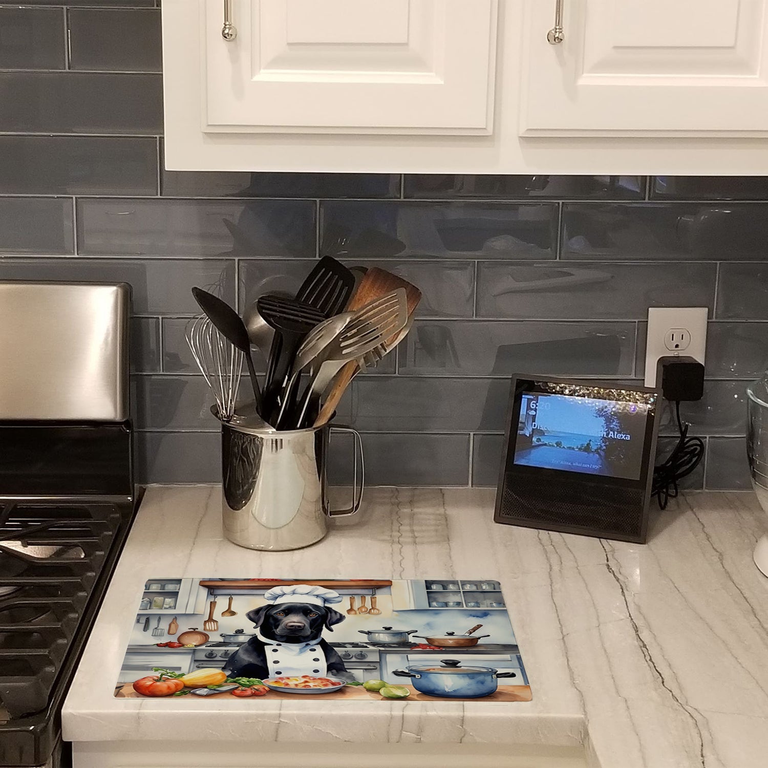 Black Labrador Retriever The Chef Cutting Board Tempered Glass Kitchen Cutting Surface, Heat Resistant Chopping, Non-Slip Feet, Food Prep & Serving