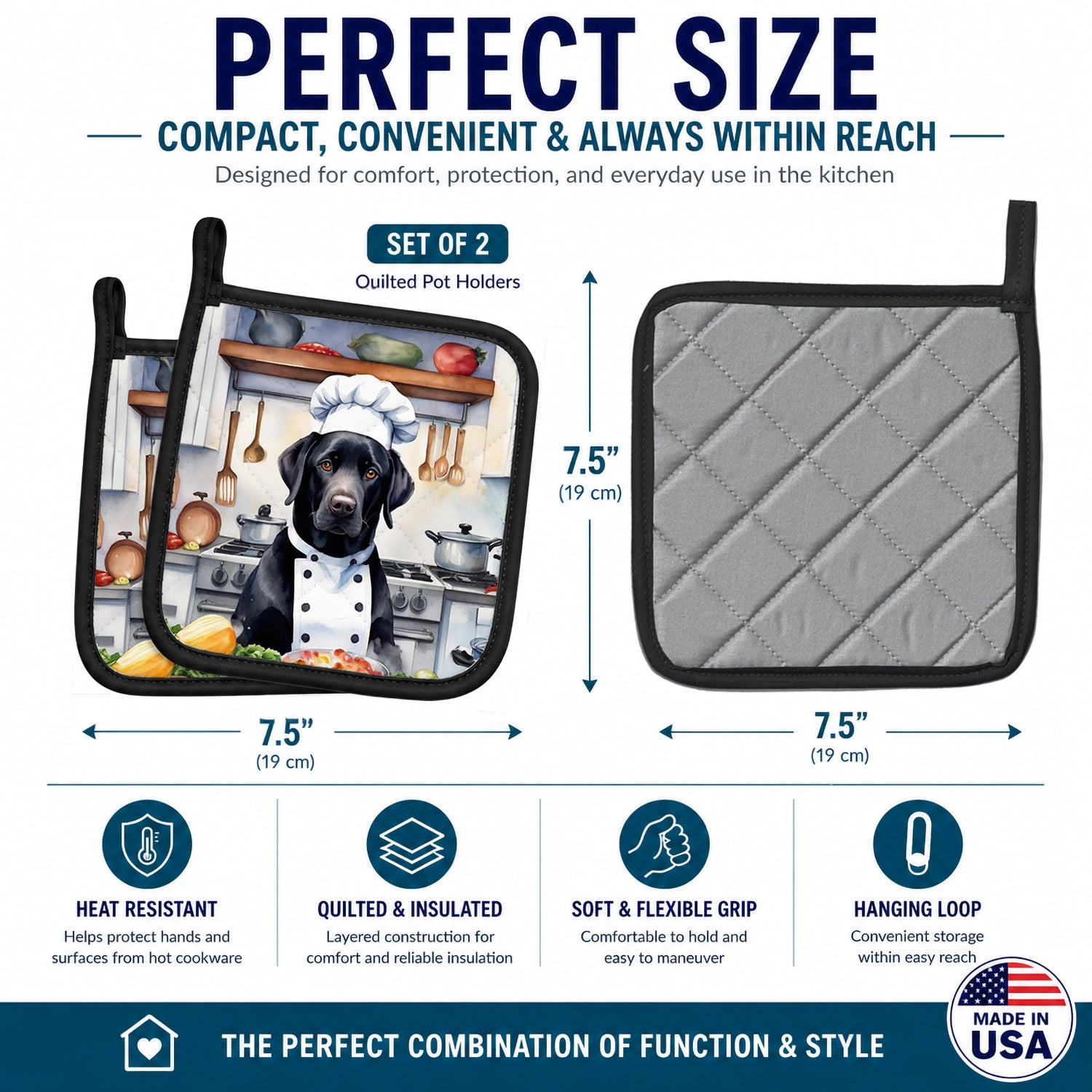 Black Labrador Retriever The Chef Pot Holder Set of 2 Heat Resistant Quilted Hot Pads 7.5 x 7.5 Inch, Insulated Kitchen Trivets for Cooking & Baking