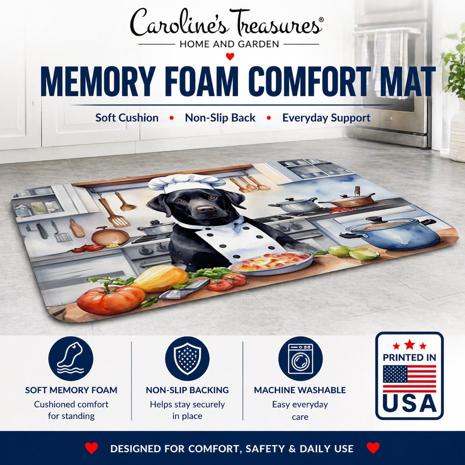 Black Labrador Retriever The Chef Memory Foam Kitchen Mat Machine Washable Anti-Fatigue Cushion Comfort Bath or Kitchen Rug