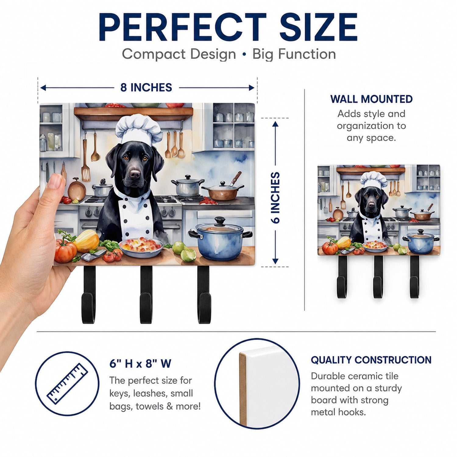 Black Labrador Retriever The Chef Leash or Key Holder Wall Hooks, Coat Rack Wall Mount, for Hanging Keys, Towels, Aprons, Leashes