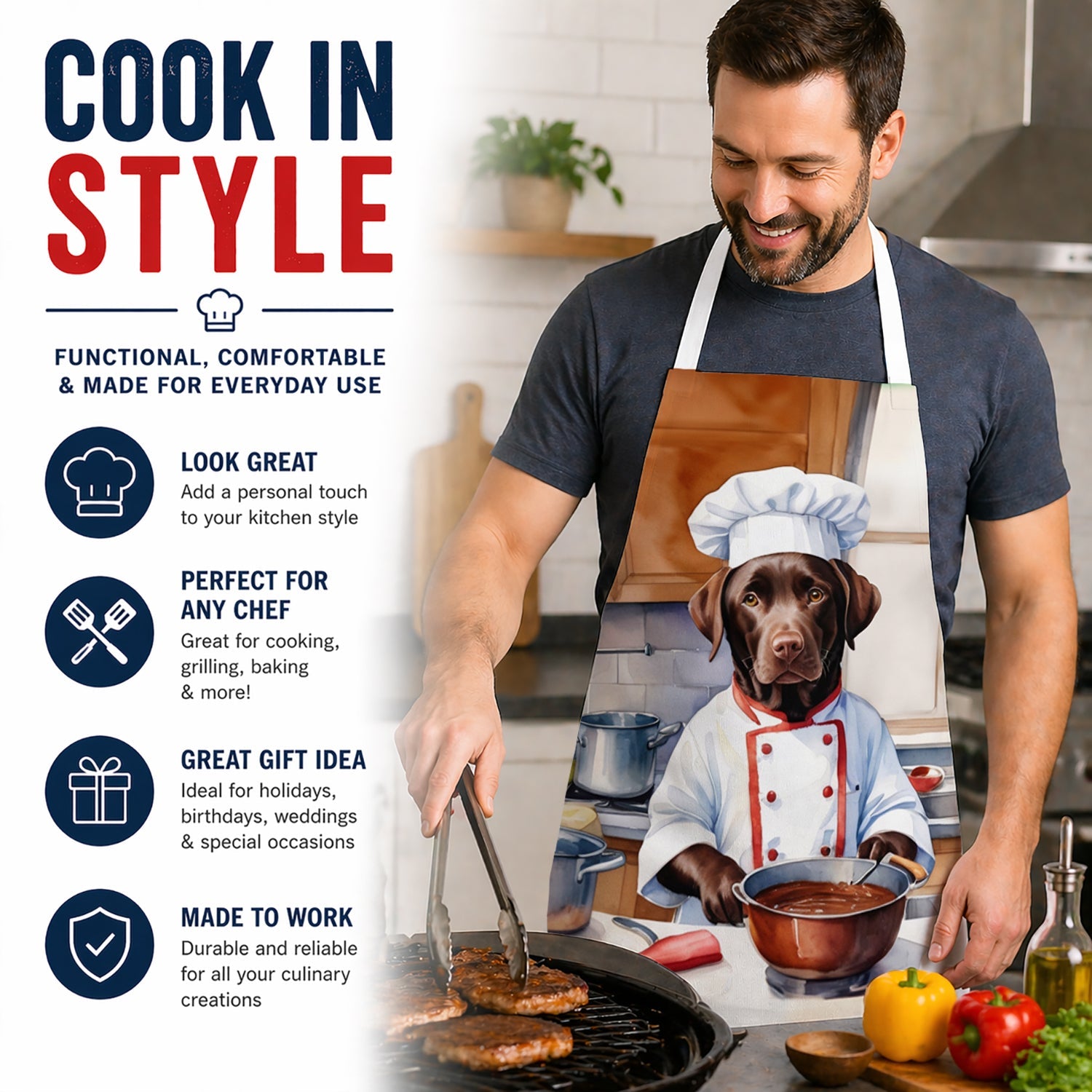 Chocolate Labrador Retriever The Chef Apron Cooking Kitchen Server Baking Crafts Gardening for Adult Women Men, Unisex, Large, Multicolor