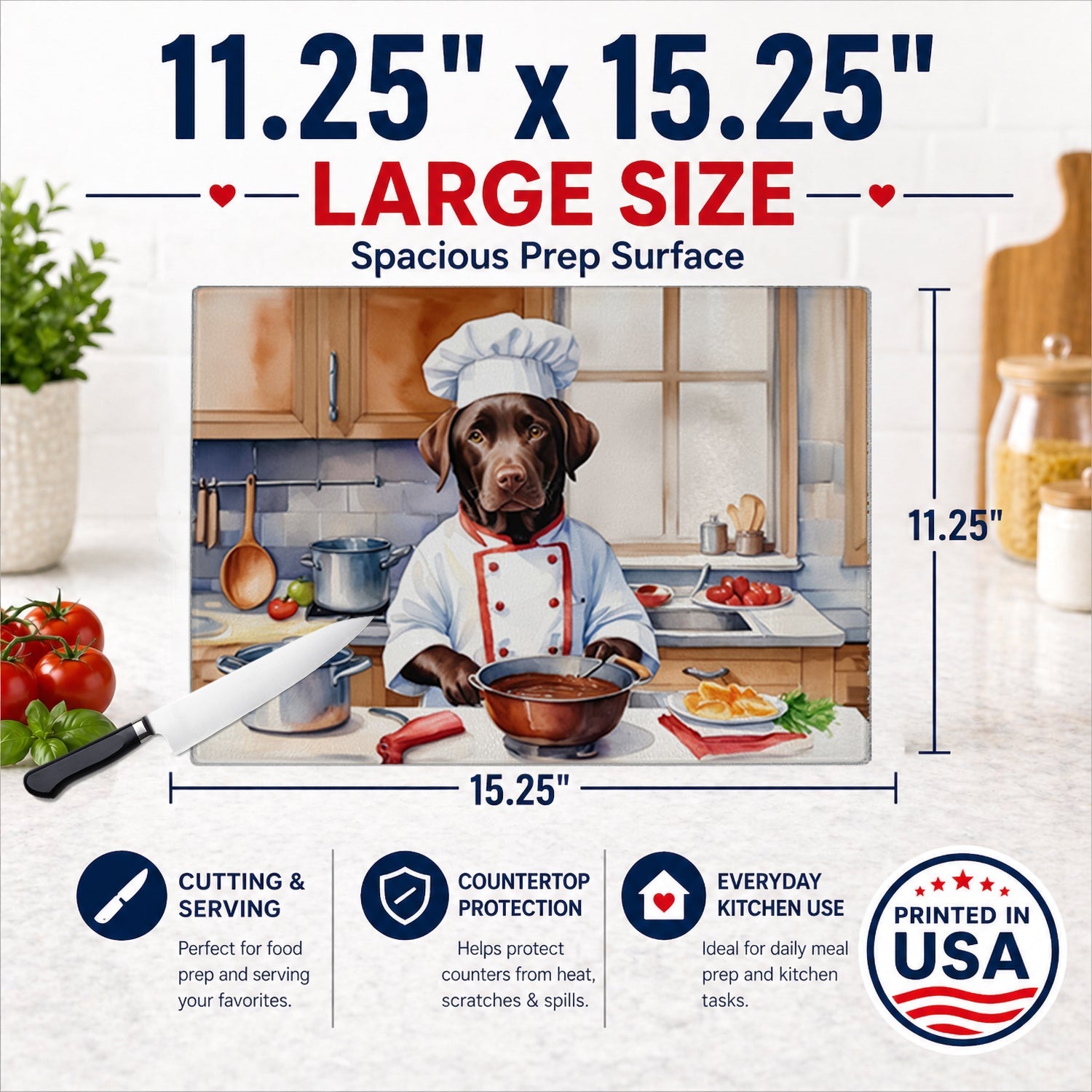 Chocolate Labrador Retriever The Chef Cutting Board Tempered Glass Kitchen Cutting Surface, Heat Resistant Chopping, Non-Slip Feet, Food Prep & Serving