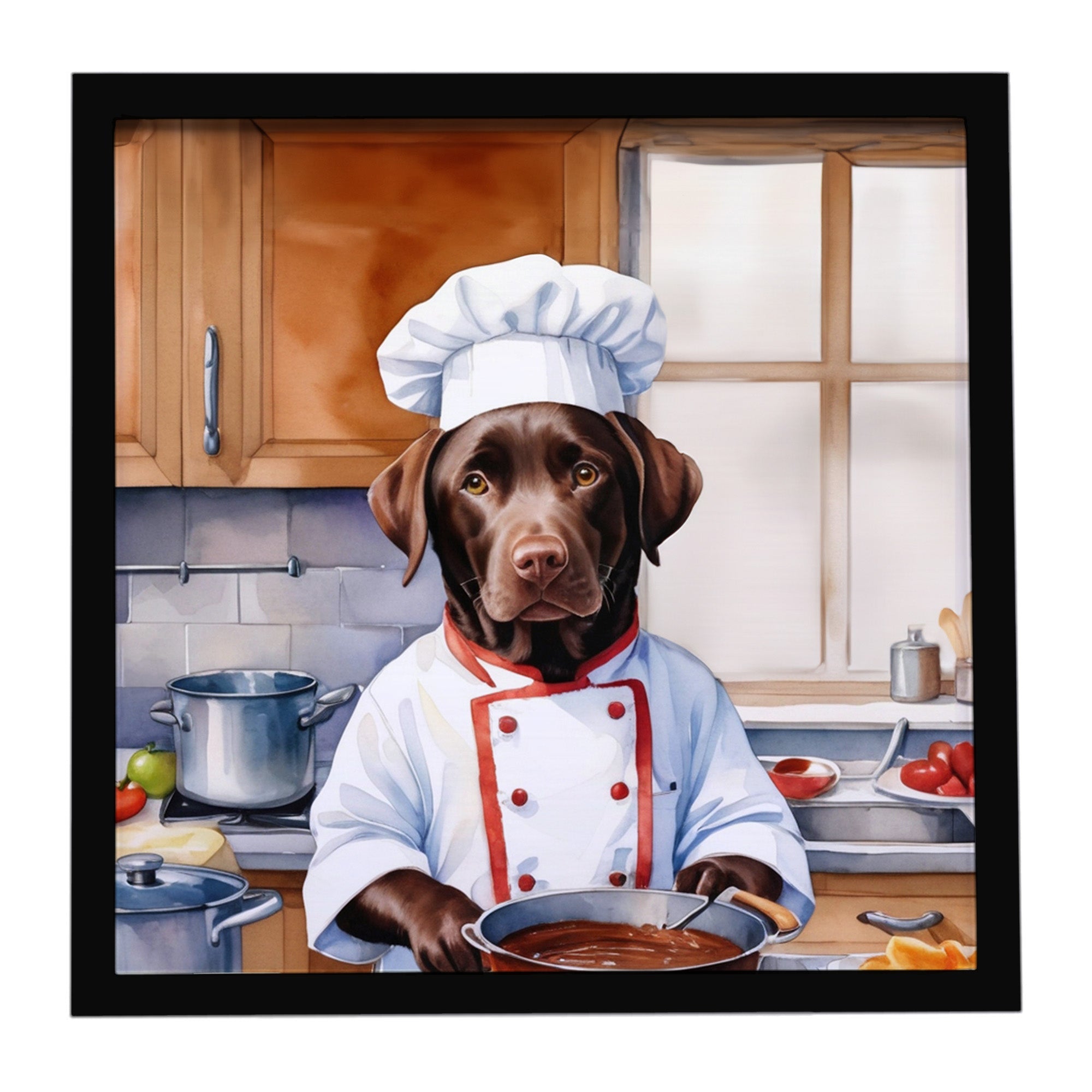 Chocolate Labrador Retriever The Chef Framed Metal Print Bathroom, Kitchen, Office, Home Decor Wall Art Ready to Hang, Square, 8X8