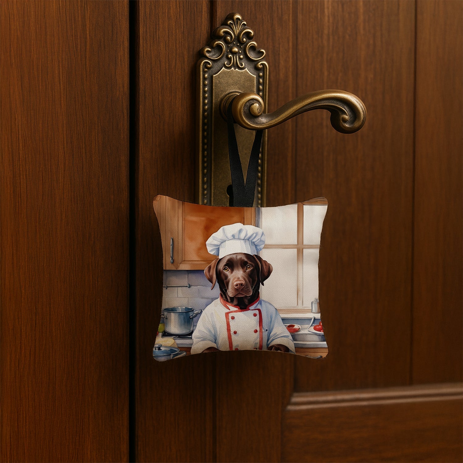 Chocolate Labrador Retriever The Chef Hanging Square Fabric Ornament 3.5 × 3.5 Decorative Door-Knob & Tree Hanger, Soft Fabric