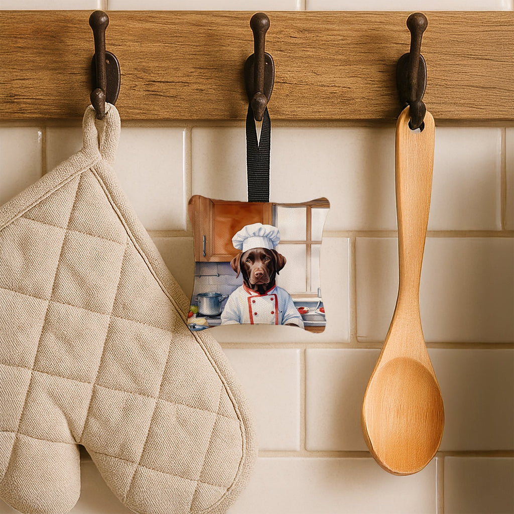 Chocolate Labrador Retriever The Chef Hanging Square Fabric Ornament 3.5 × 3.5 Decorative Door-Knob & Tree Hanger, Soft Fabric