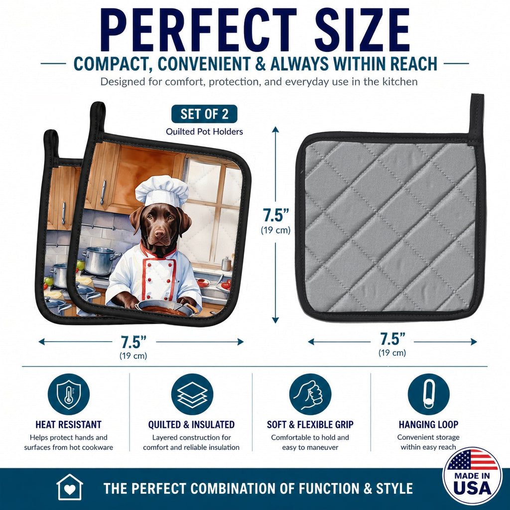 Chocolate Labrador Retriever The Chef Pot Holder Set of 2 Heat Resistant Quilted Hot Pads 7.5 x 7.5 Inch, Insulated Kitchen Trivets for Cooking & Baking