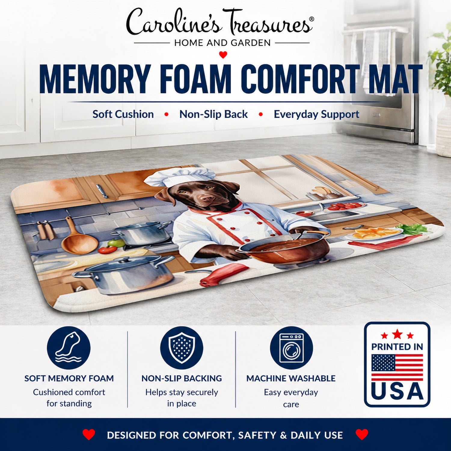 Chocolate Labrador Retriever The Chef Memory Foam Kitchen Mat Machine Washable Anti-Fatigue Cushion Comfort Bath or Kitchen Rug