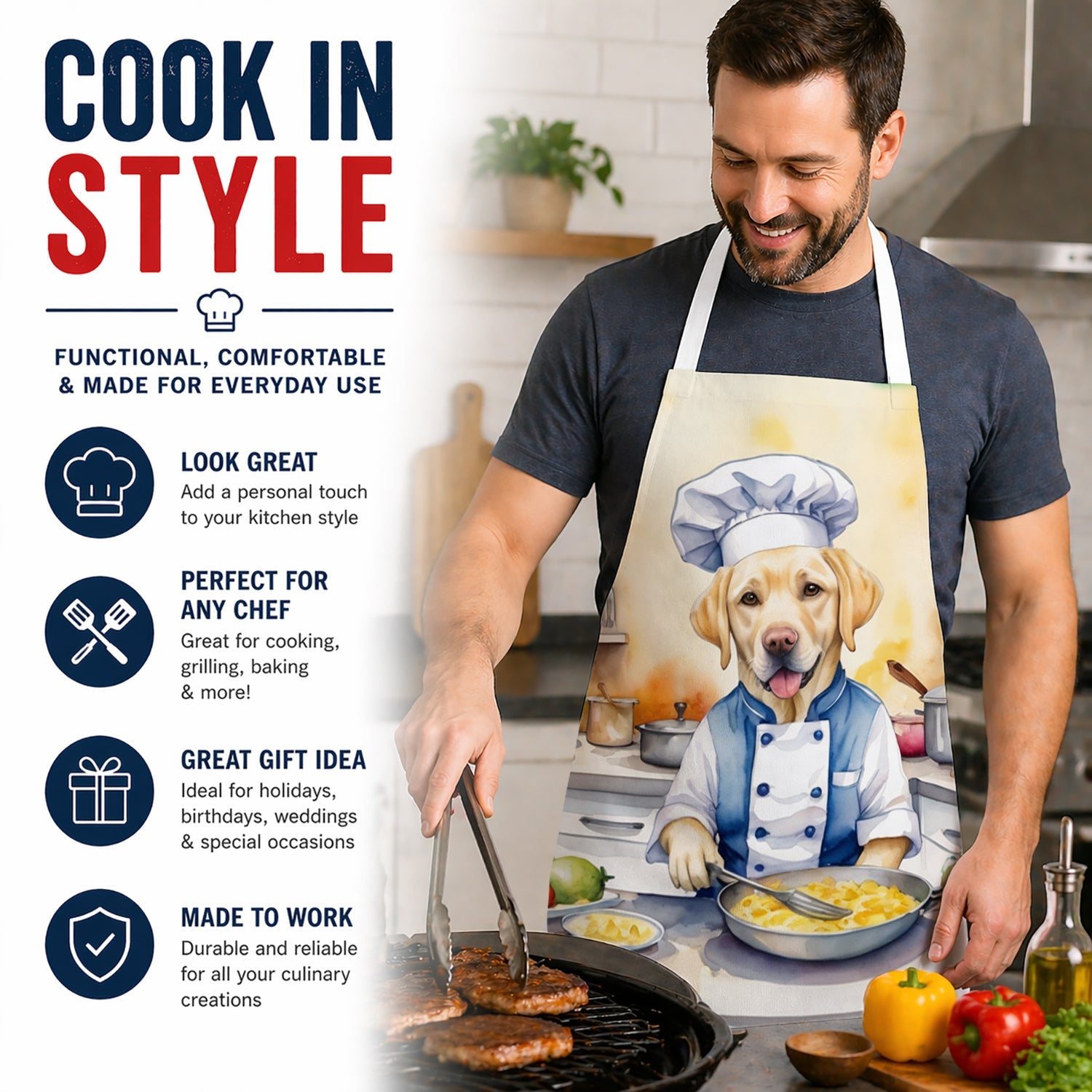Yellow Labrador Retriever The Chef Apron Cooking Kitchen Server Baking Crafts Gardening for Adult Women Men, Unisex, Large, Multicolor