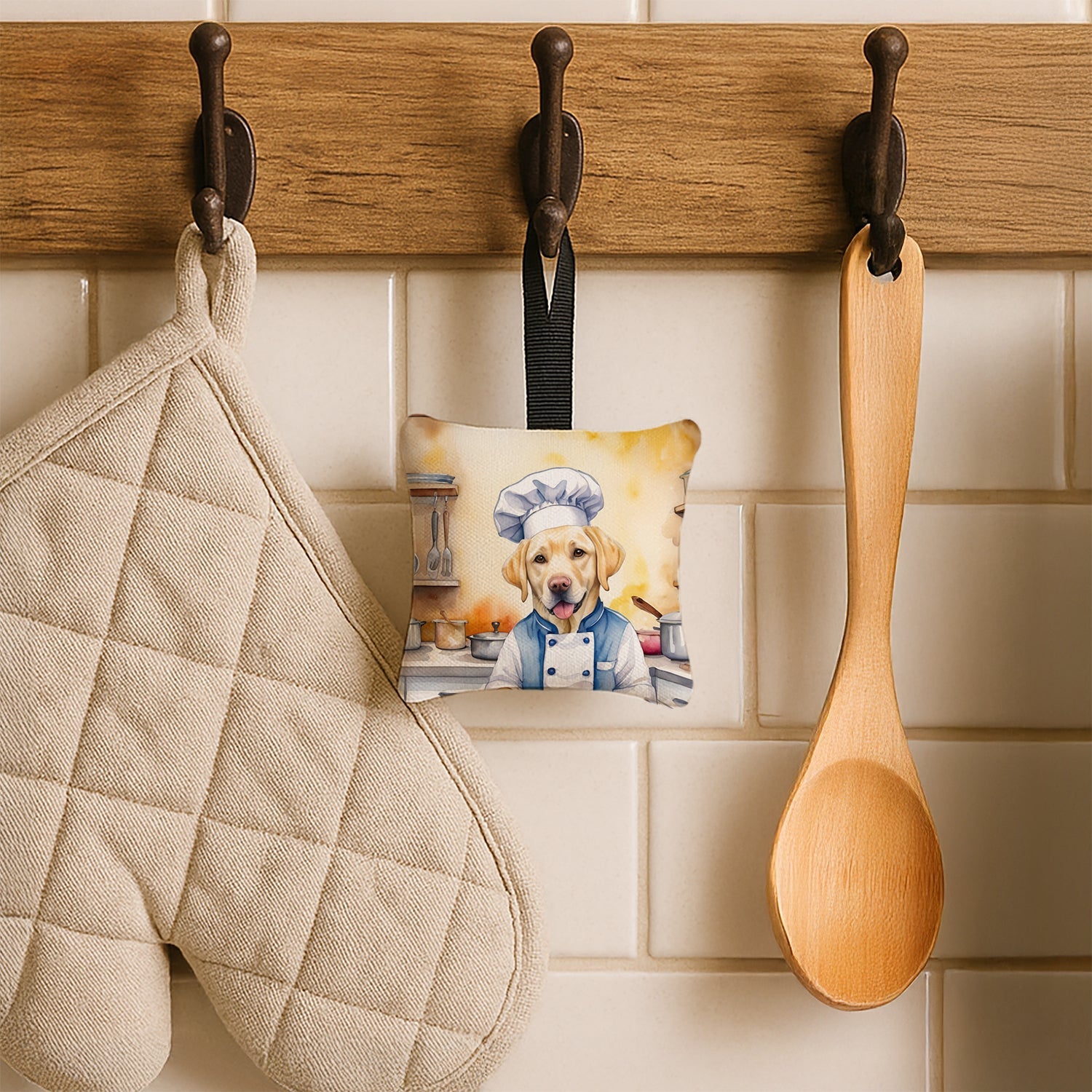 Yellow Labrador Retriever The Chef Hanging Square Fabric Ornament 3.5 × 3.5 Decorative Door-Knob & Tree Hanger, Soft Fabric