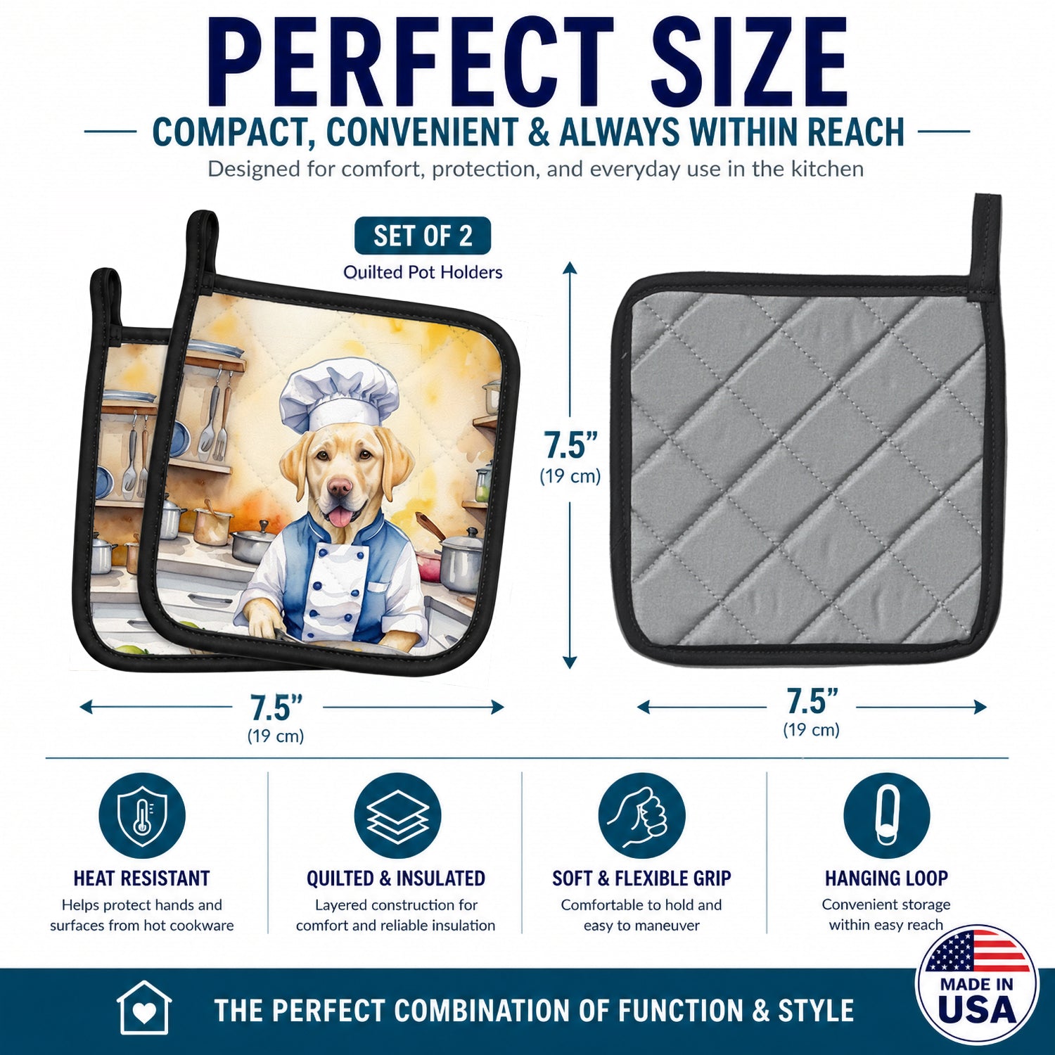 Yellow Labrador Retriever The Chef Pot Holder Set of 2 Heat Resistant Quilted Hot Pads 7.5 x 7.5 Inch, Insulated Kitchen Trivets for Cooking & Baking