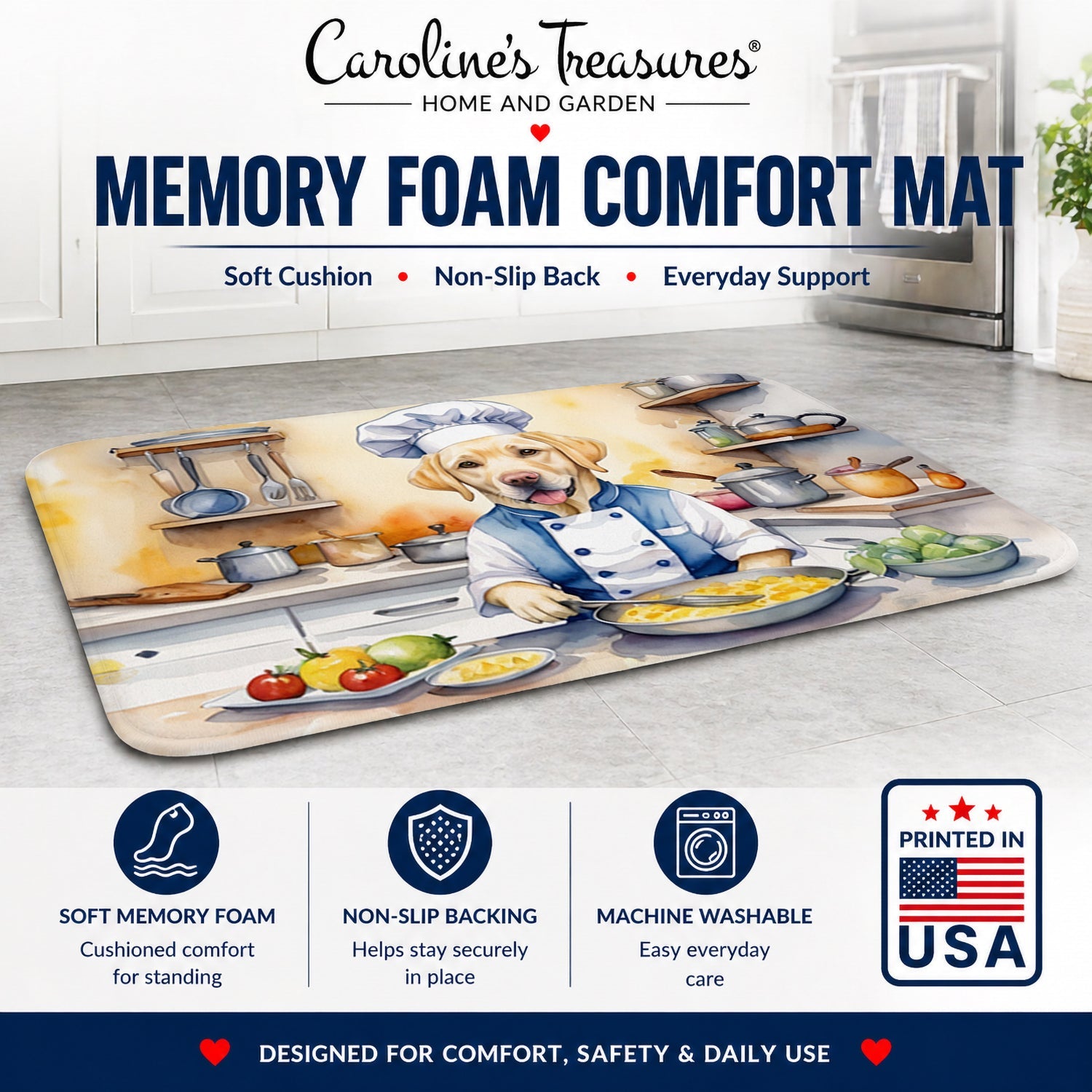 Yellow Labrador Retriever The Chef Memory Foam Kitchen Mat Machine Washable Anti-Fatigue Cushion Comfort Bath or Kitchen Rug