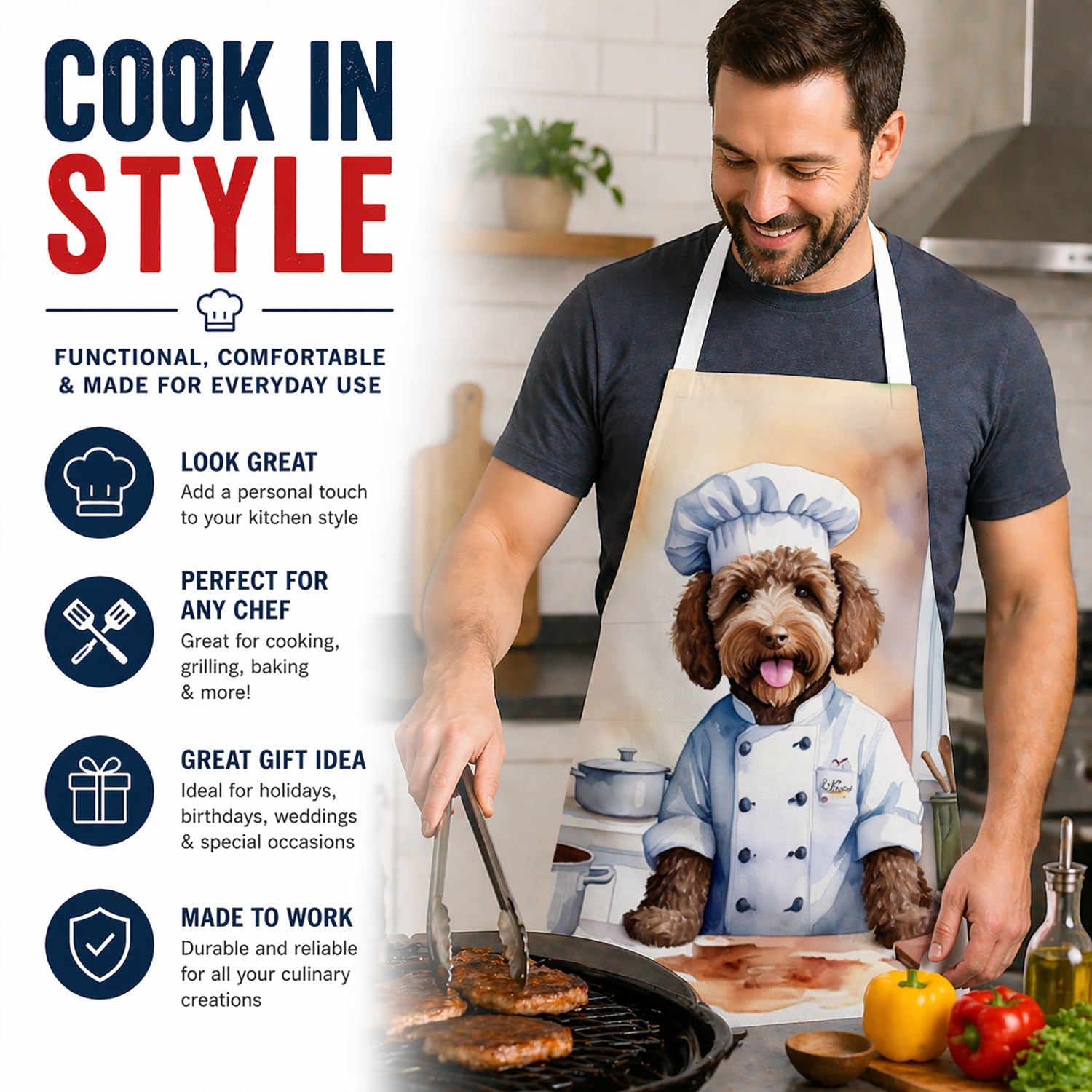 Labradoodle The Chef Apron Cooking Kitchen Server Baking Crafts Gardening for Adult Women Men, Unisex, Large, Multicolor
