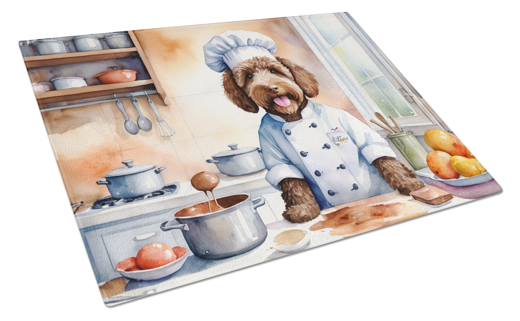 Labradoodle The Chef Cutting Board Tempered Glass Kitchen Cutting Surface, Heat Resistant Chopping, Non-Slip Feet, Food Prep & Serving