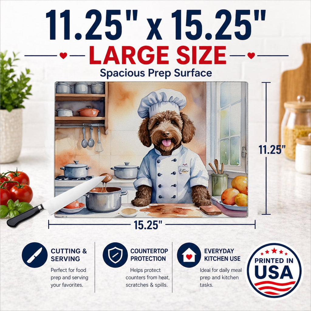 Labradoodle The Chef Cutting Board Tempered Glass Kitchen Cutting Surface, Heat Resistant Chopping, Non-Slip Feet, Food Prep & Serving