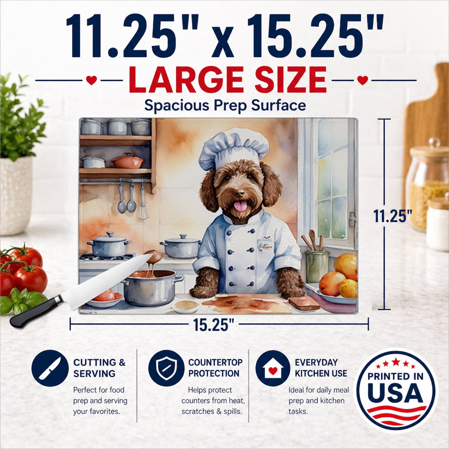 Labradoodle The Chef Cutting Board Tempered Glass Kitchen Cutting Surface, Heat Resistant Chopping, Non-Slip Feet, Food Prep & Serving