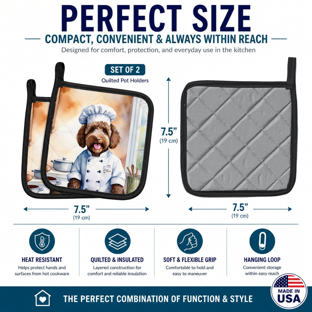 Labradoodle The Chef Pot Holder Set of 2 Heat Resistant Quilted Hot Pads 7.5 x 7.5 Inch, Insulated Kitchen Trivets for Cooking & Baking
