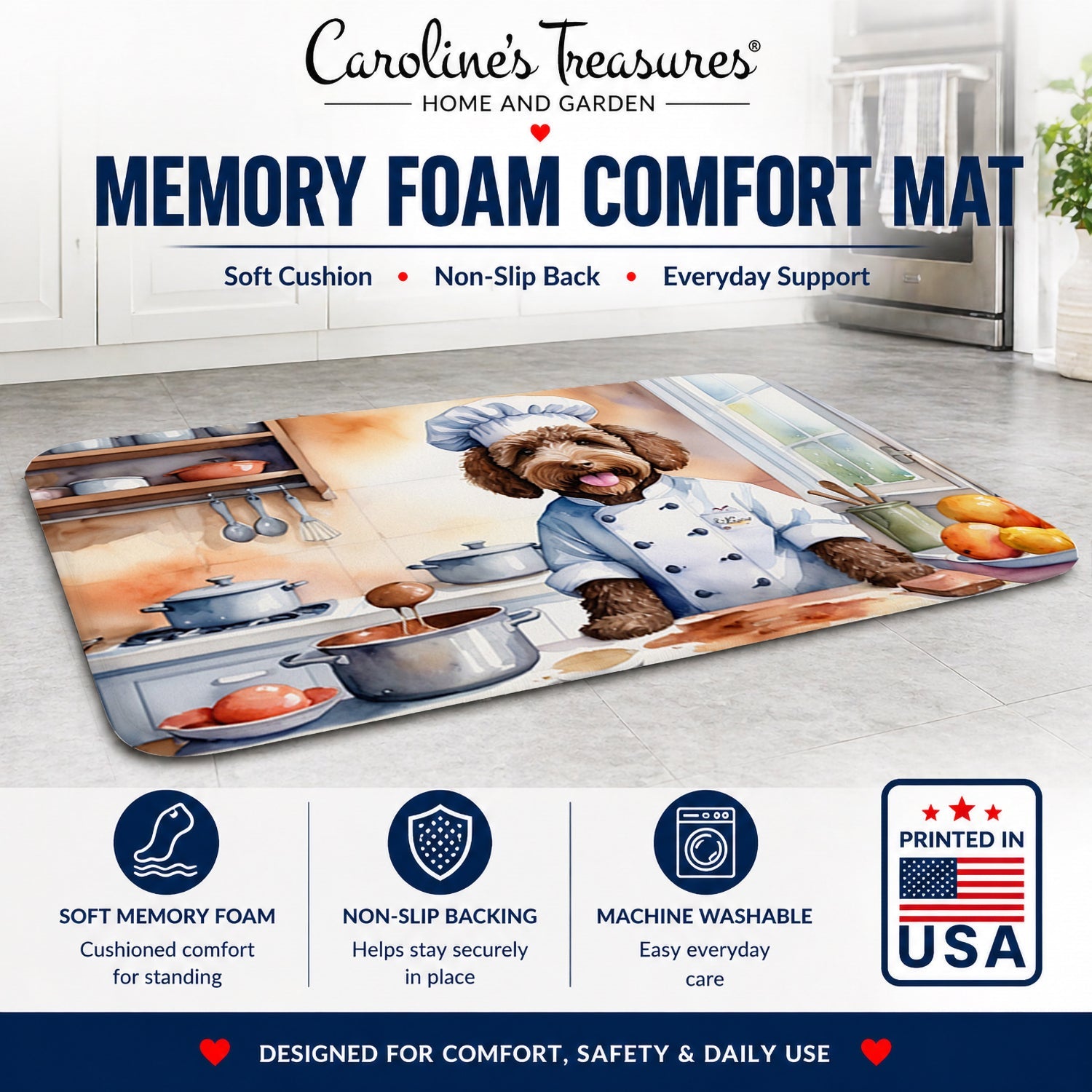 Labradoodle The Chef Memory Foam Kitchen Mat Machine Washable Anti-Fatigue Cushion Comfort Bath or Kitchen Rug