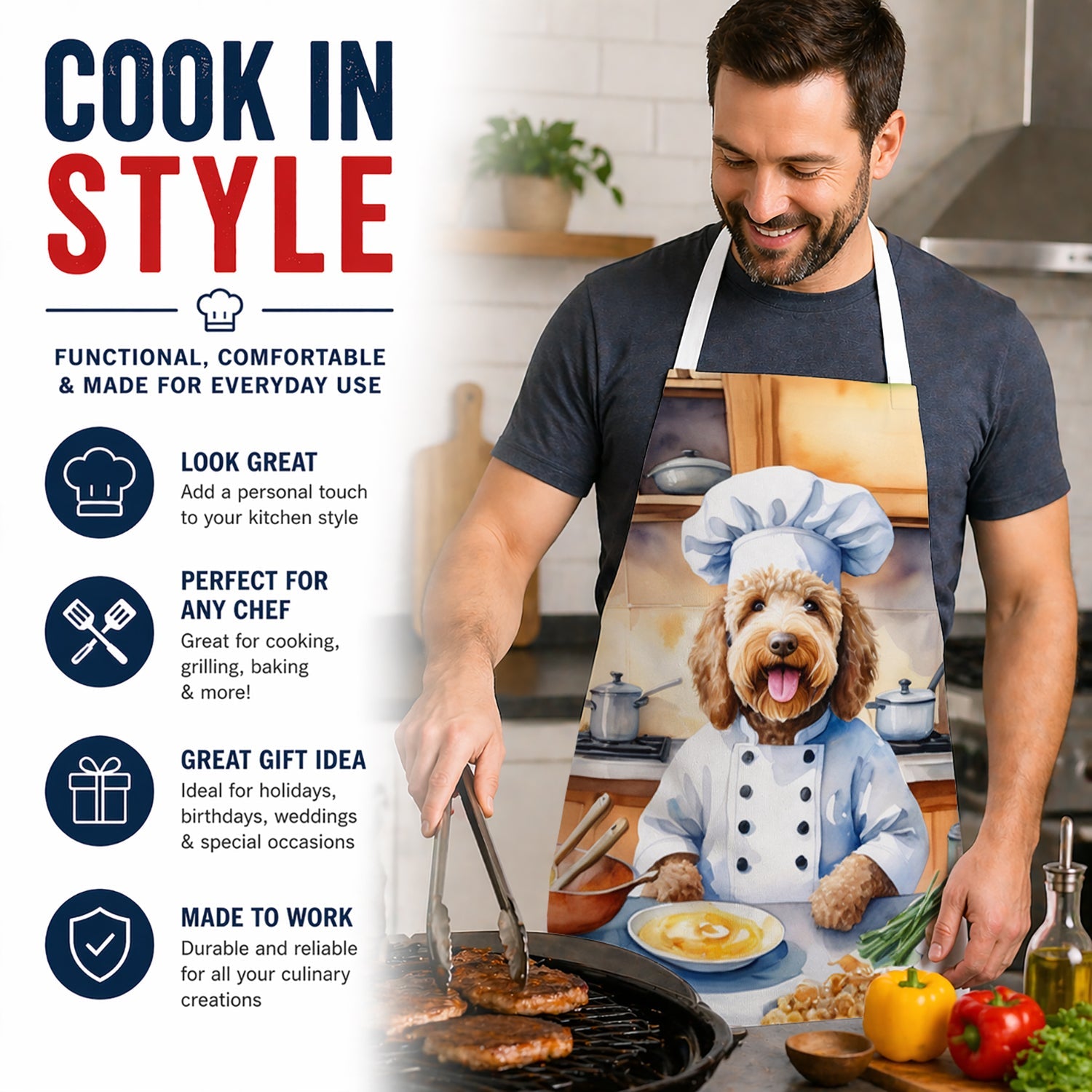 Labradoodle The Chef Apron Cooking Kitchen Server Baking Crafts Gardening for Adult Women Men, Unisex, Large, Multicolor