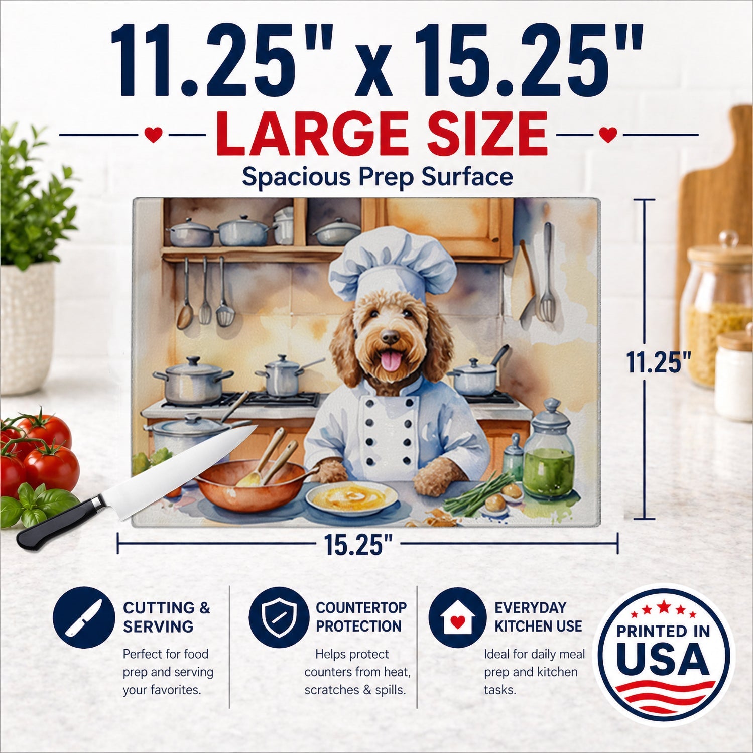 Labradoodle The Chef Cutting Board Tempered Glass Kitchen Cutting Surface, Heat Resistant Chopping, Non-Slip Feet, Food Prep & Serving