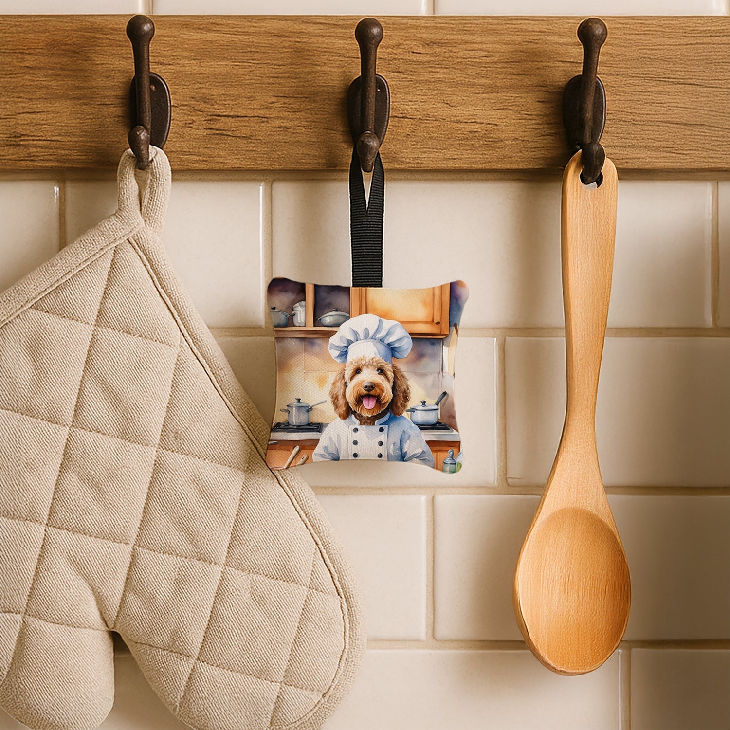 Labradoodle The Chef Hanging Square Fabric Ornament 3.5 × 3.5 Decorative Door-Knob & Tree Hanger, Soft Fabric