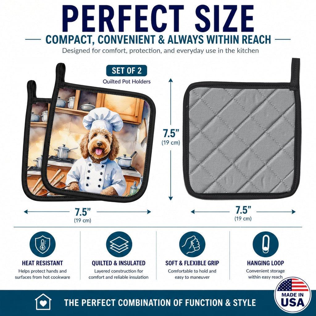 Labradoodle The Chef Pot Holder Set of 2 Heat Resistant Quilted Hot Pads 7.5 x 7.5 Inch, Insulated Kitchen Trivets for Cooking & Baking