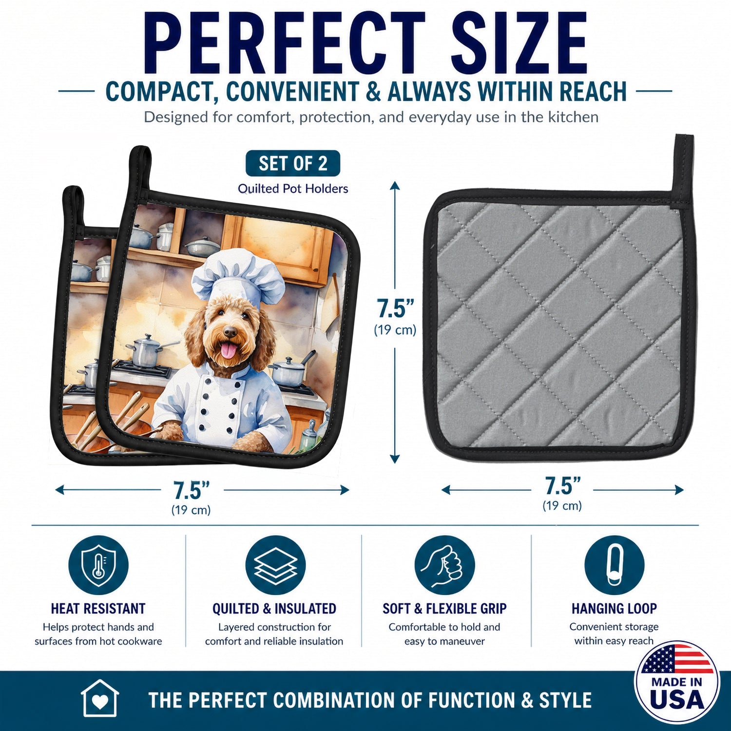 Labradoodle The Chef Pot Holder Set of 2 Heat Resistant Quilted Hot Pads 7.5 x 7.5 Inch, Insulated Kitchen Trivets for Cooking & Baking