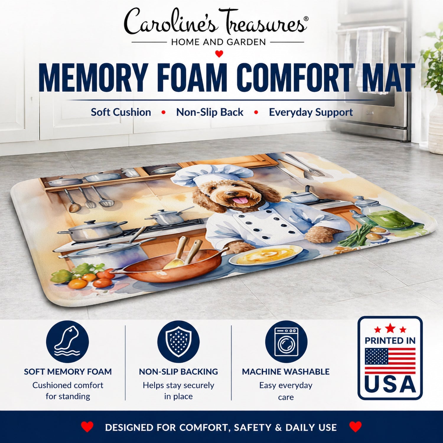 Labradoodle The Chef Memory Foam Kitchen Mat Machine Washable Anti-Fatigue Cushion Comfort Bath or Kitchen Rug
