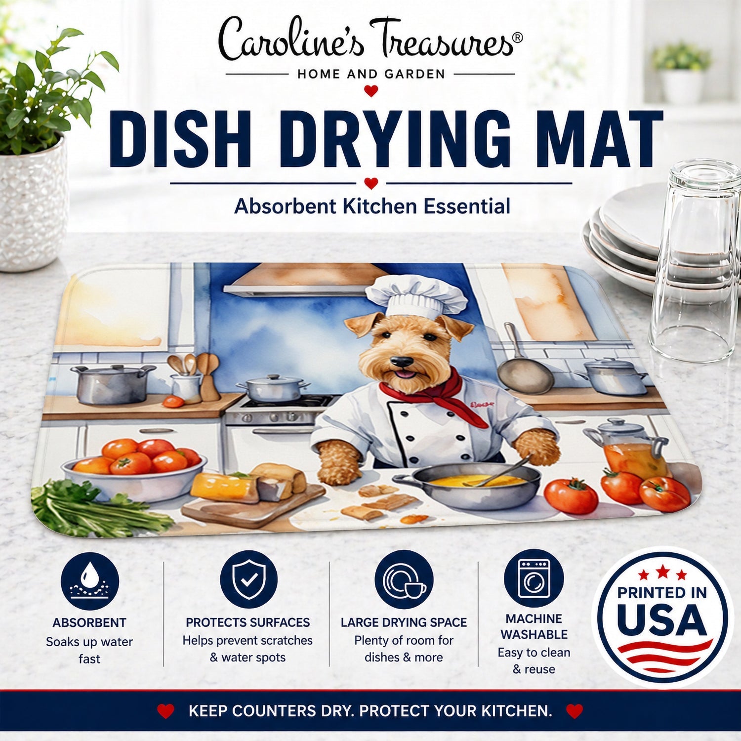 Lakeland Terrier The Chef Dish Drying Mat Absorbent Dish Drying Mat Pad for Kitchen Counter Dish Drainer Mat for Countertop, 14 x 21", Multicolor