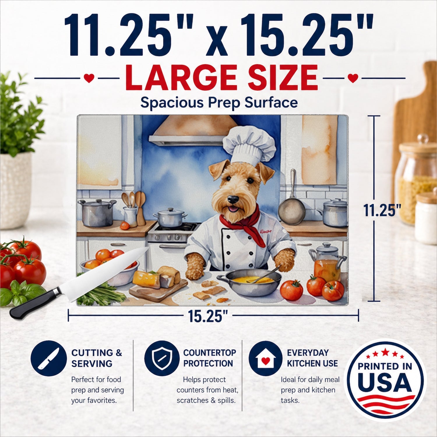 Lakeland Terrier The Chef Cutting Board Tempered Glass Kitchen Cutting Surface, Heat Resistant Chopping, Non-Slip Feet, Food Prep & Serving