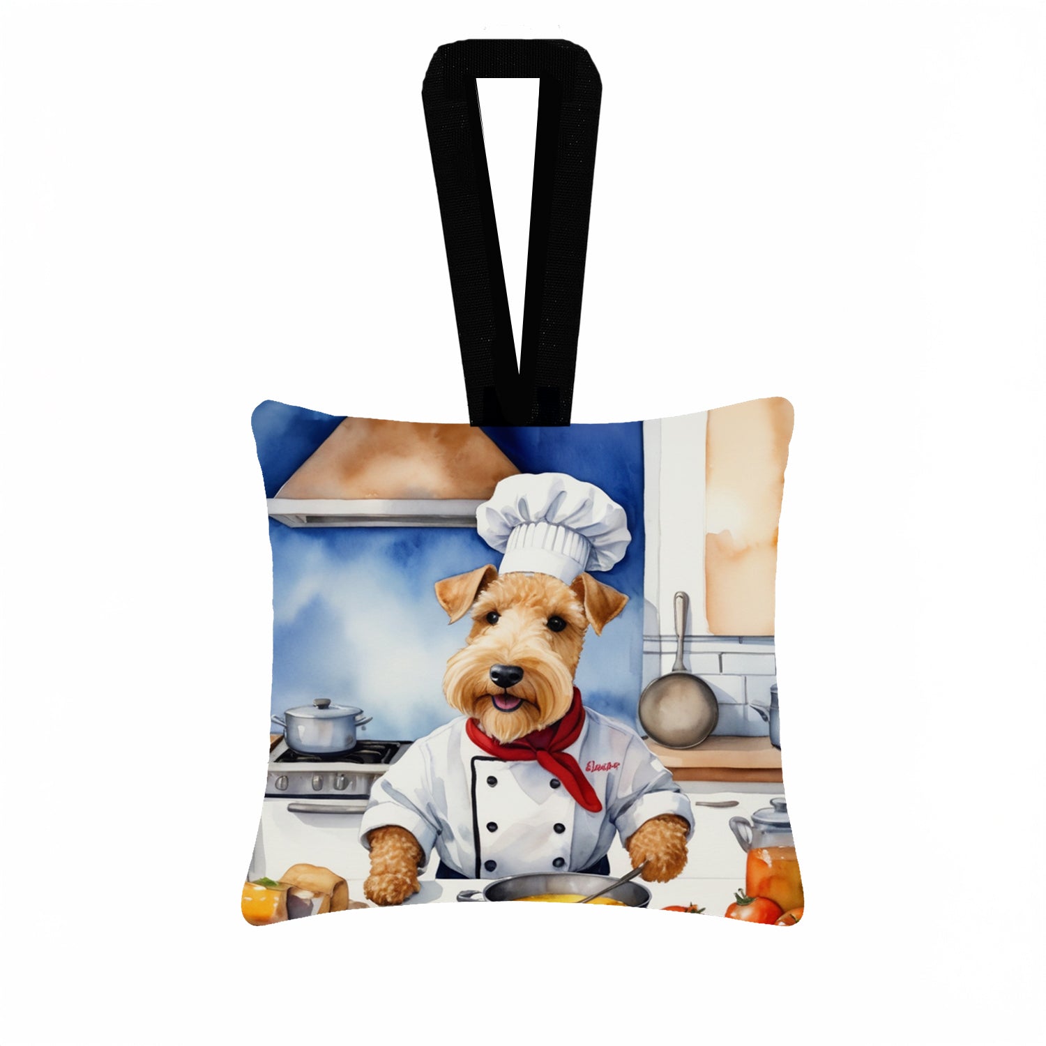 Lakeland Terrier The Chef Hanging Square Fabric Ornament 3.5 × 3.5 Decorative Door-Knob & Tree Hanger, Soft Fabric