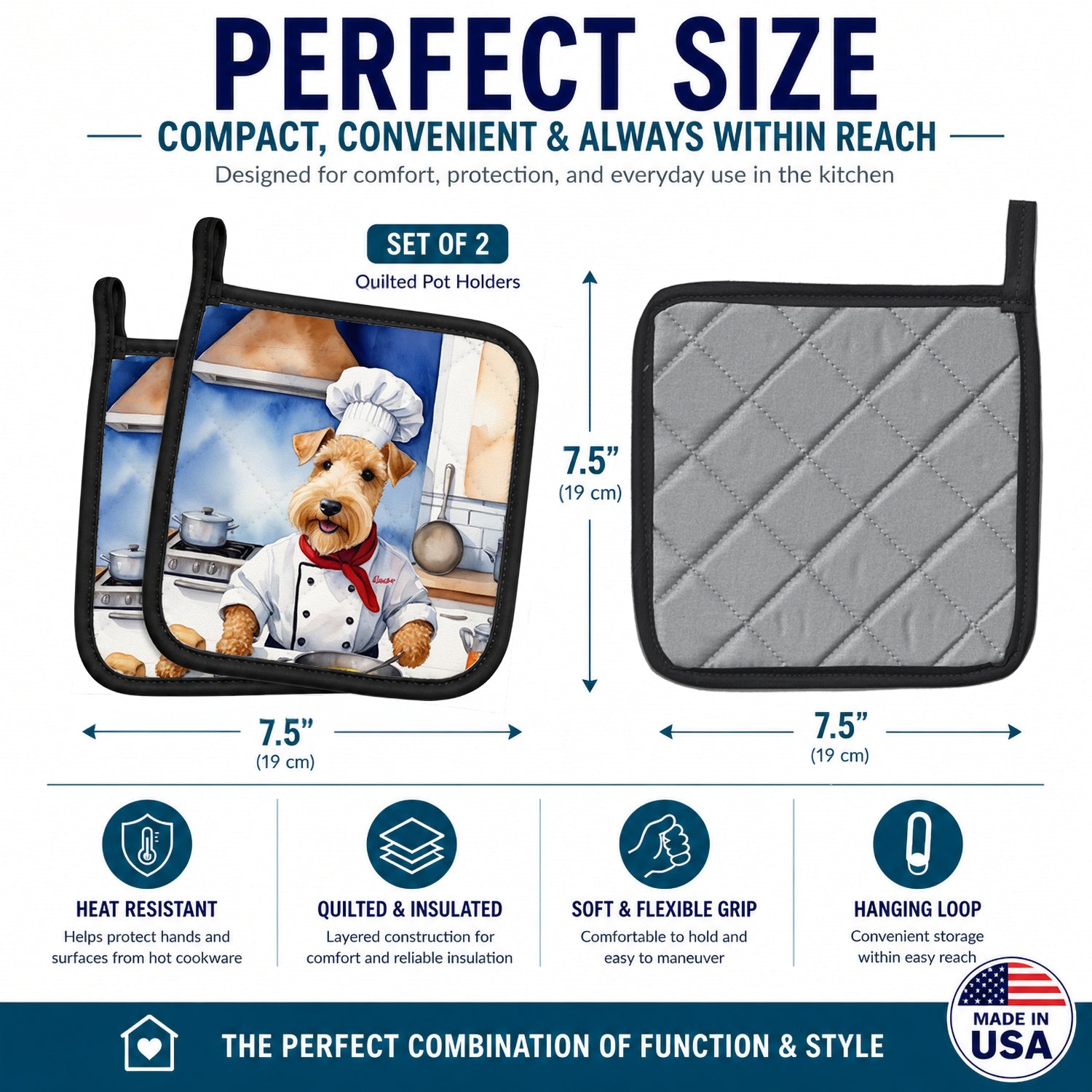 Lakeland Terrier The Chef Pot Holder Set of 2 Heat Resistant Quilted Hot Pads 7.5 x 7.5 Inch, Insulated Kitchen Trivets for Cooking & Baking