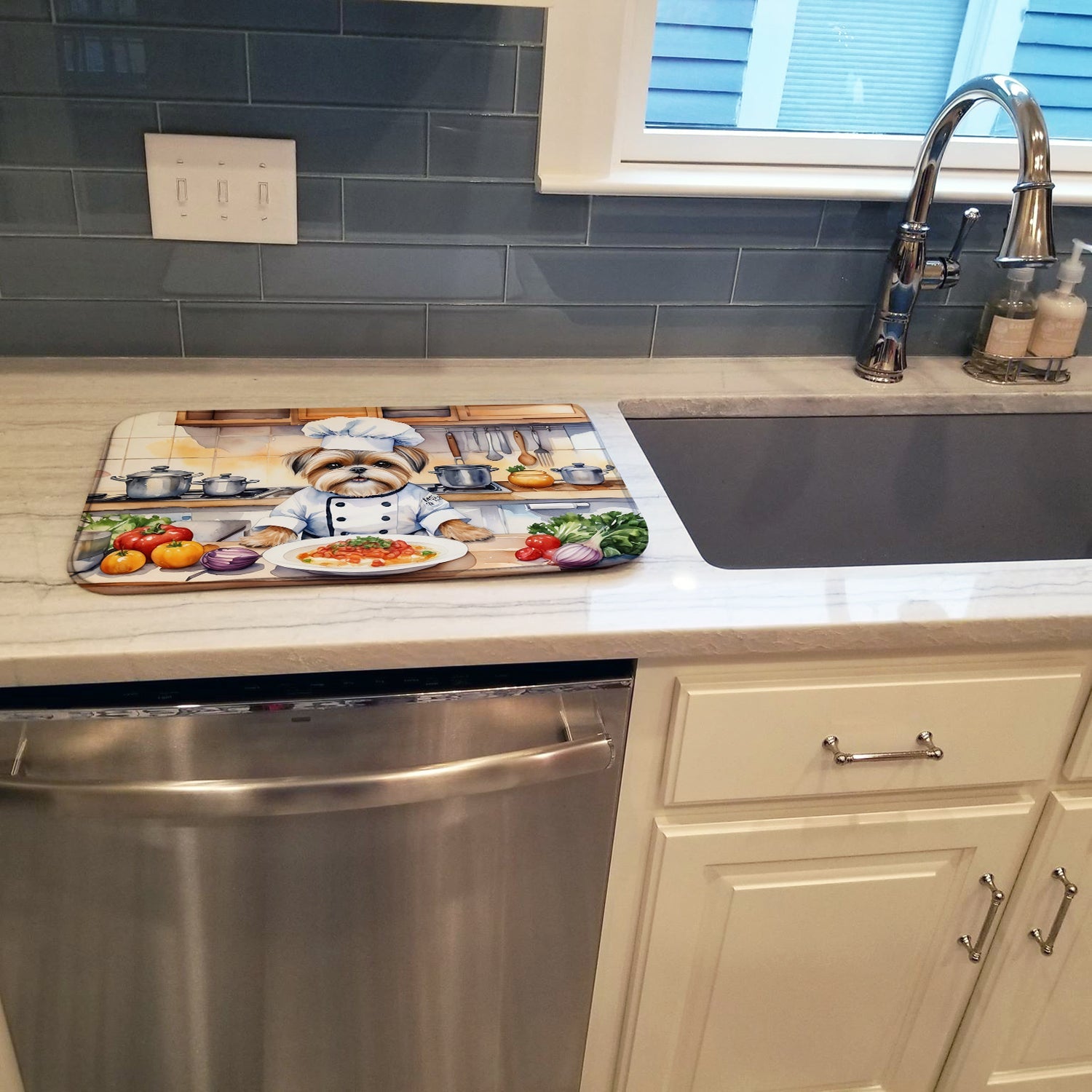 Lhasa Apso The Chef Dish Drying Mat Absorbent Dish Drying Mat Pad for Kitchen Counter Dish Drainer Mat for Countertop, 14 x 21", Multicolor
