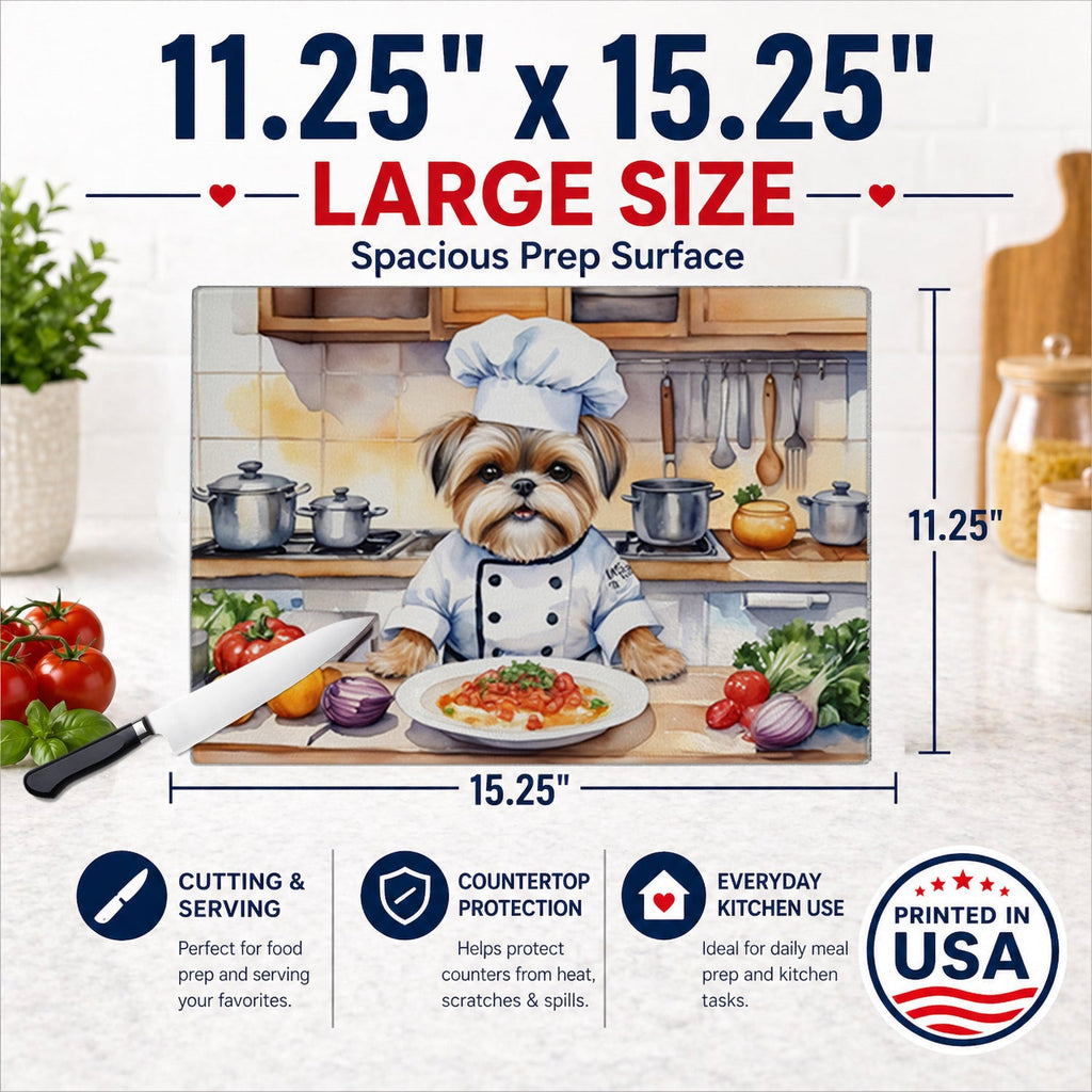 Lhasa Apso The Chef Cutting Board Tempered Glass Kitchen Cutting Surface, Heat Resistant Chopping, Non-Slip Feet, Food Prep & Serving
