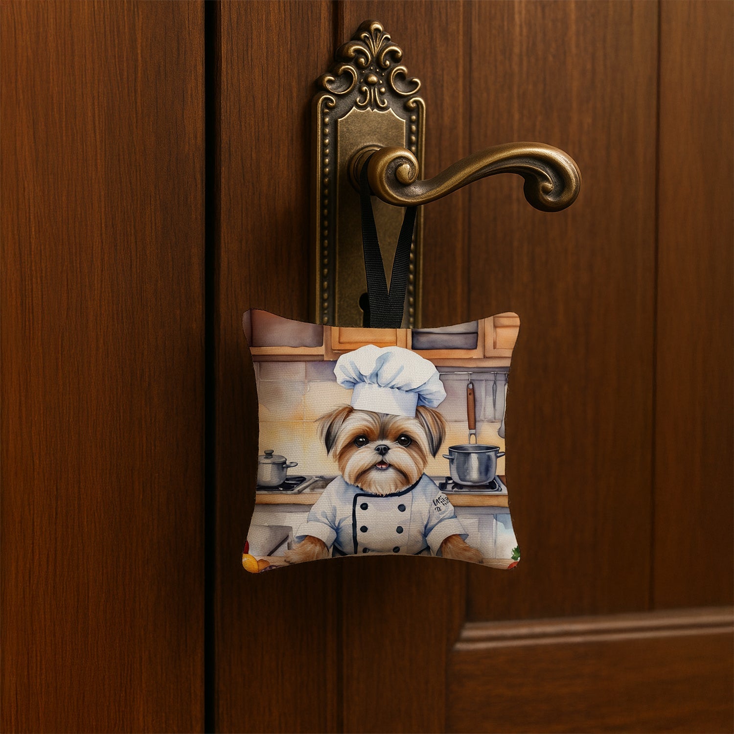 Lhasa Apso The Chef Hanging Square Fabric Ornament 3.5 × 3.5 Decorative Door-Knob & Tree Hanger, Soft Fabric