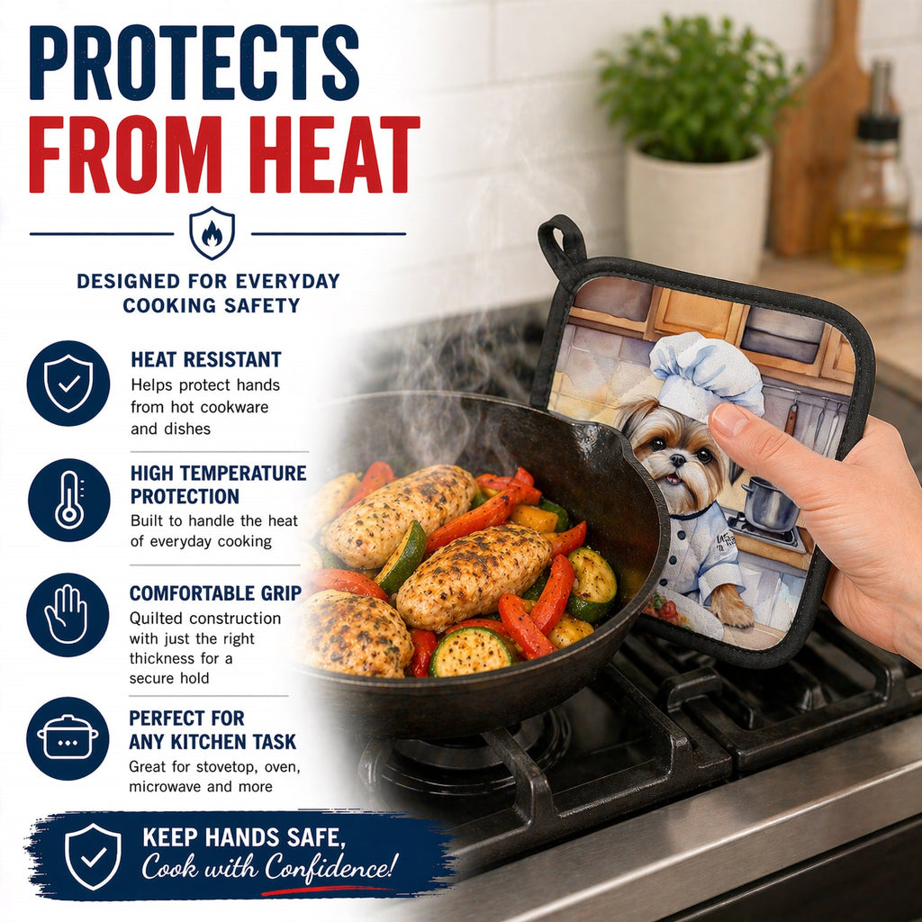 Lhasa Apso The Chef Pot Holder Set of 2 Heat Resistant Quilted Hot Pads 7.5 x 7.5 Inch, Insulated Kitchen Trivets for Cooking & Baking