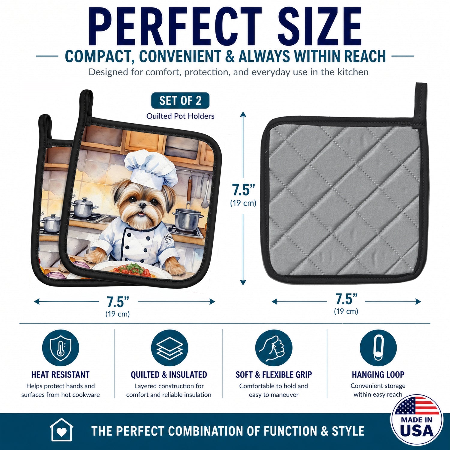 Lhasa Apso The Chef Pot Holder Set of 2 Heat Resistant Quilted Hot Pads 7.5 x 7.5 Inch, Insulated Kitchen Trivets for Cooking & Baking