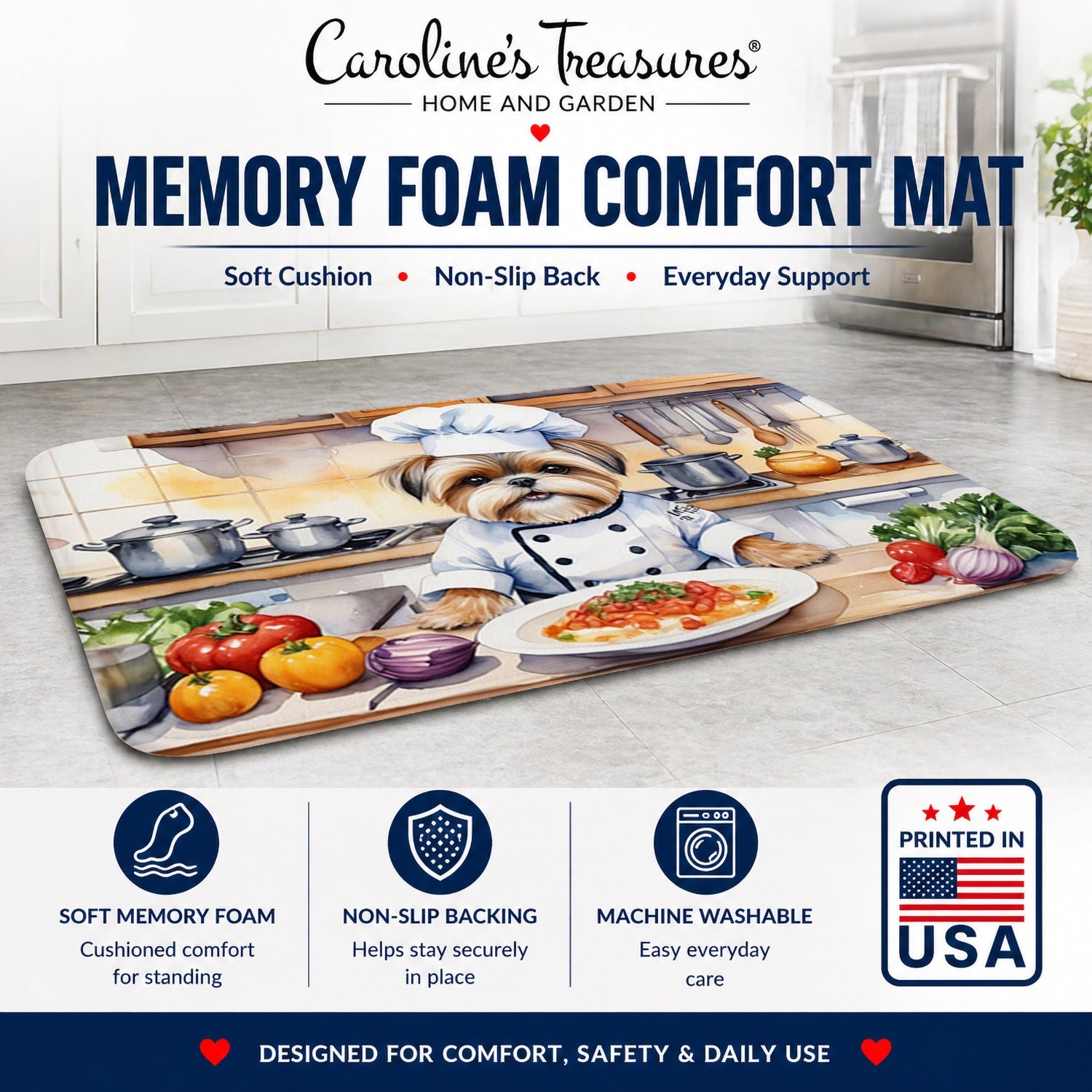 Lhasa Apso The Chef Memory Foam Kitchen Mat Machine Washable Anti-Fatigue Cushion Comfort Bath or Kitchen Rug