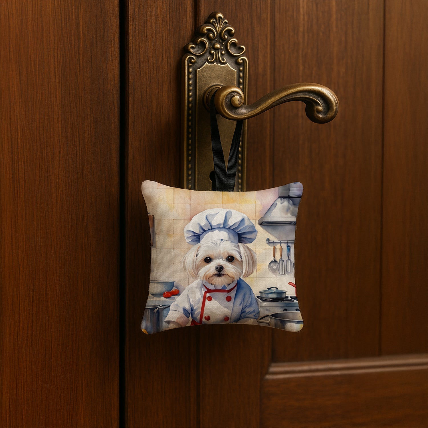 Maltese The Chef Hanging Square Fabric Ornament 3.5 × 3.5 Decorative Door-Knob & Tree Hanger, Soft Fabric