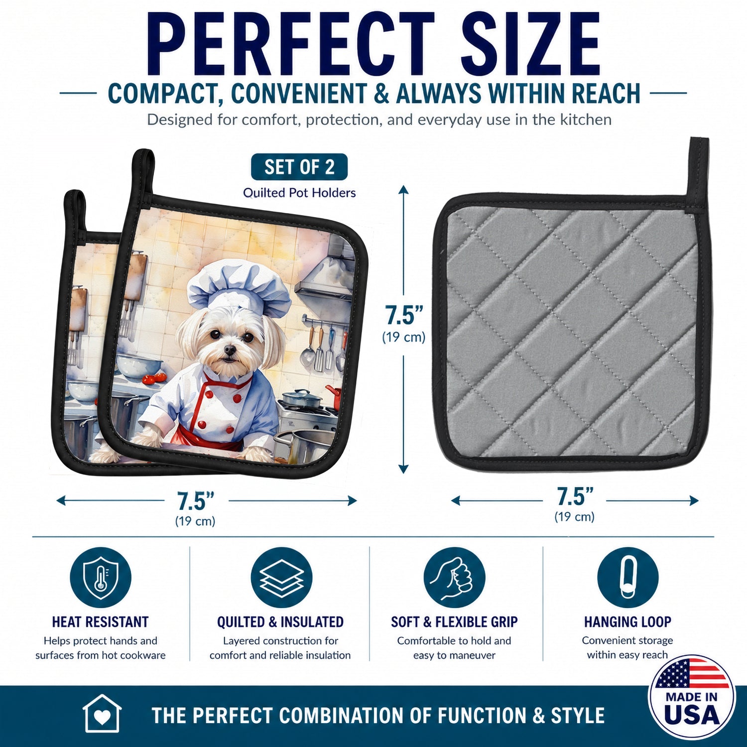 Maltese The Chef Pot Holder Set of 2 Heat Resistant Quilted Hot Pads 7.5 x 7.5 Inch, Insulated Kitchen Trivets for Cooking & Baking