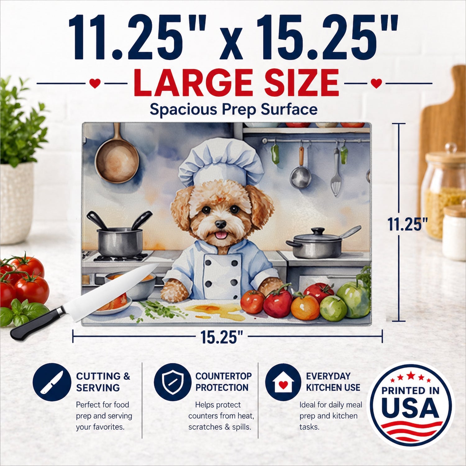 Maltipoo The Chef Cutting Board Tempered Glass Kitchen Cutting Surface, Heat Resistant Chopping, Non-Slip Feet, Food Prep & Serving