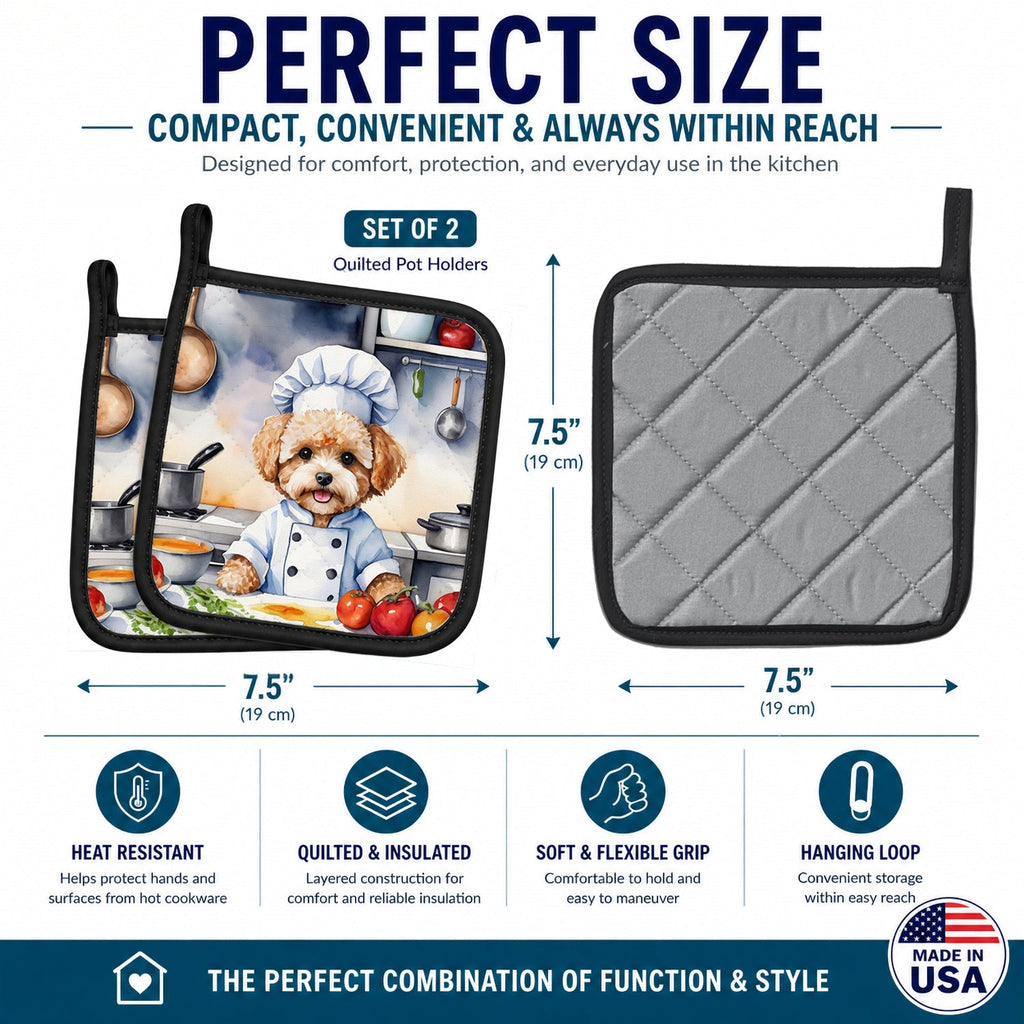 Maltipoo The Chef Pot Holder Set of 2 Heat Resistant Quilted Hot Pads 7.5 x 7.5 Inch, Insulated Kitchen Trivets for Cooking & Baking